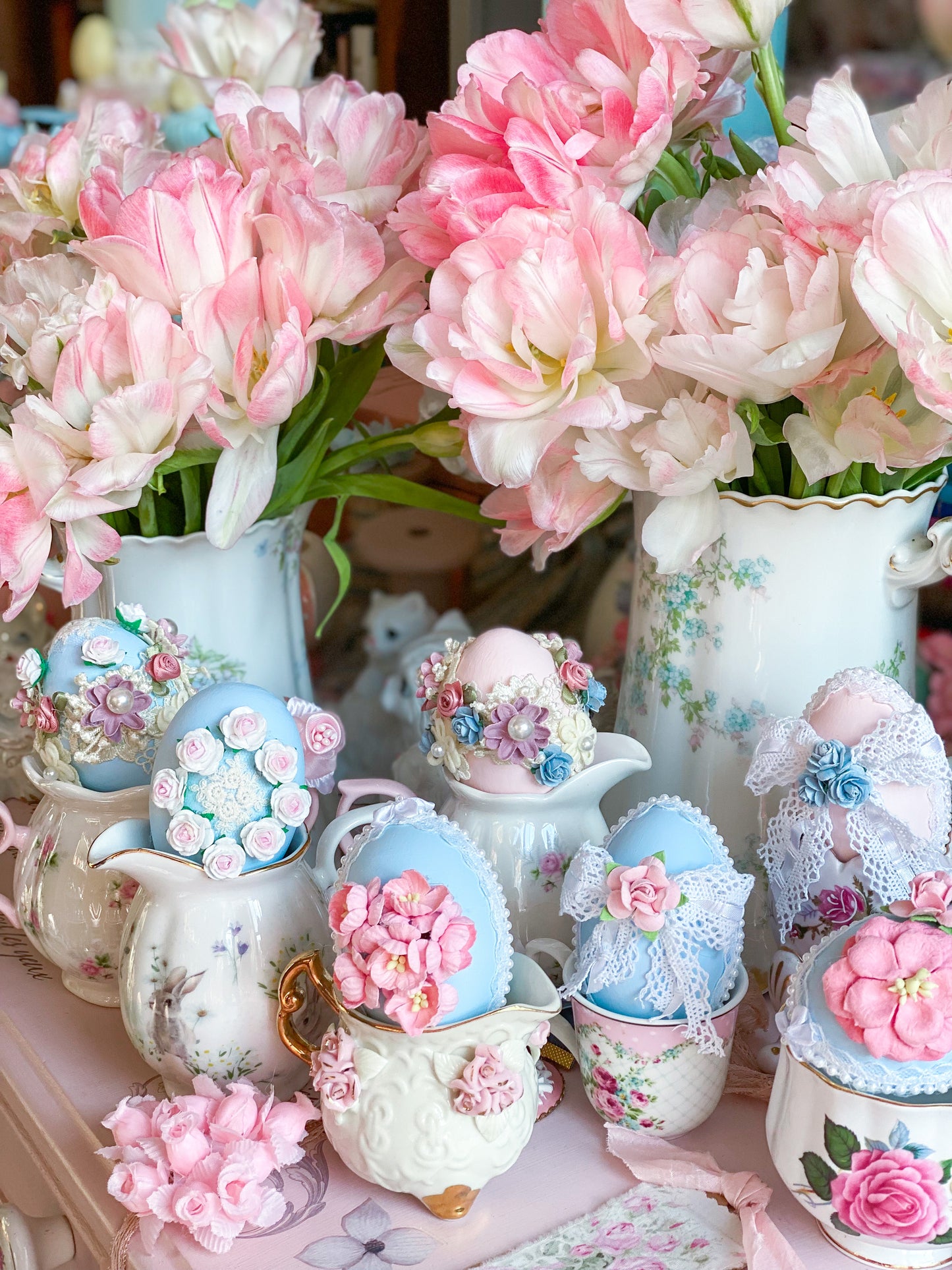 Set of 12 Handmade Pastel Pink and Blue Floral Easter Egg Bowl Sitters