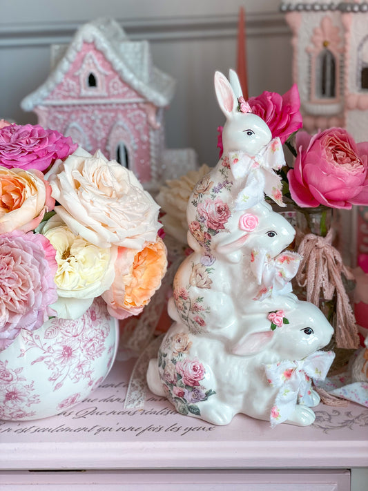 Bespoke Shabby Chic Pastel Floral Stacked Easter Bunnies