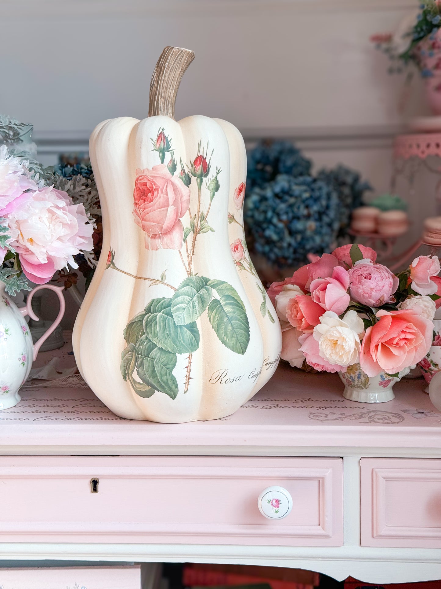 PRE-ORDER: Bespoke Redoute Roses Autumn Pumpkin Gourd with all Pink Roses