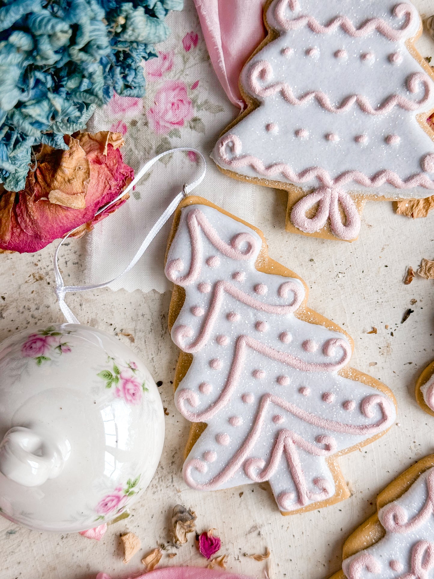 Bespoke Hand Painted Gingerbread Cookie Christmas Tree Ornaments with Pastel Pink Icing