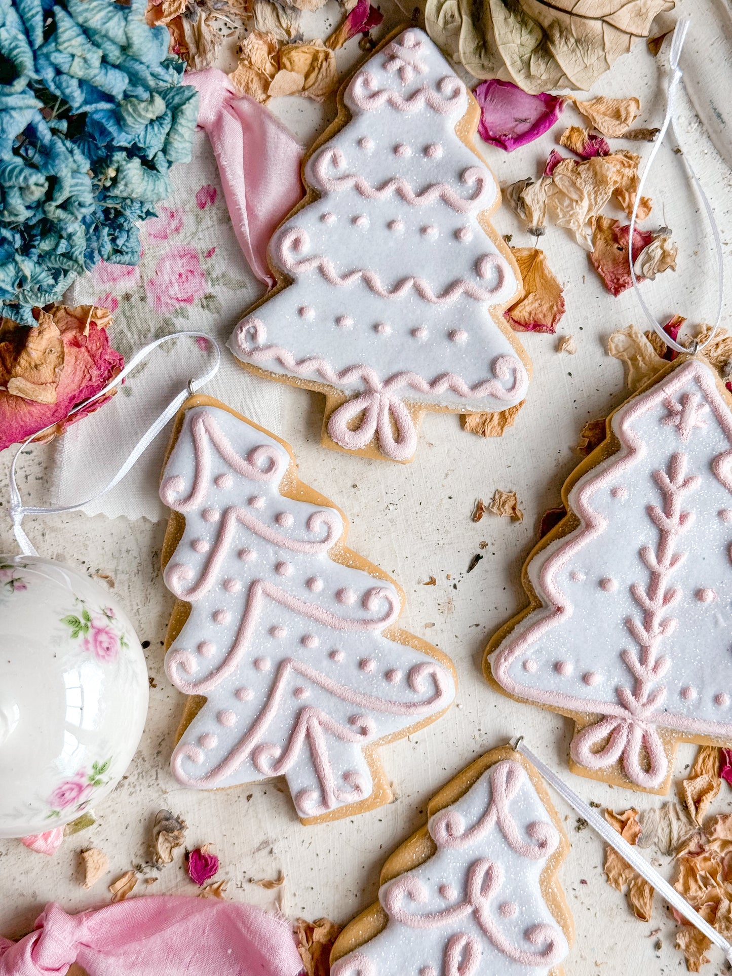 Bespoke Hand Painted Gingerbread Cookie Christmas Tree Ornaments with Pastel Pink Icing