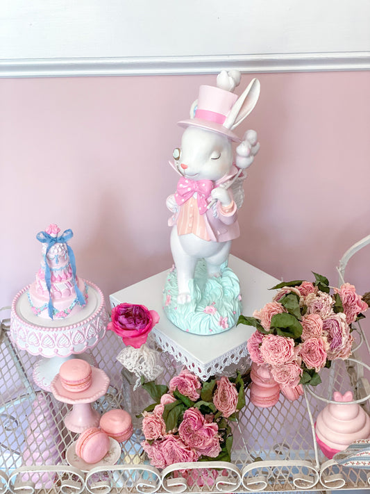 Bespoke Hand Painted Pastel Pink, Blue & Mint Green Mad Hatter Bunny with Chicks