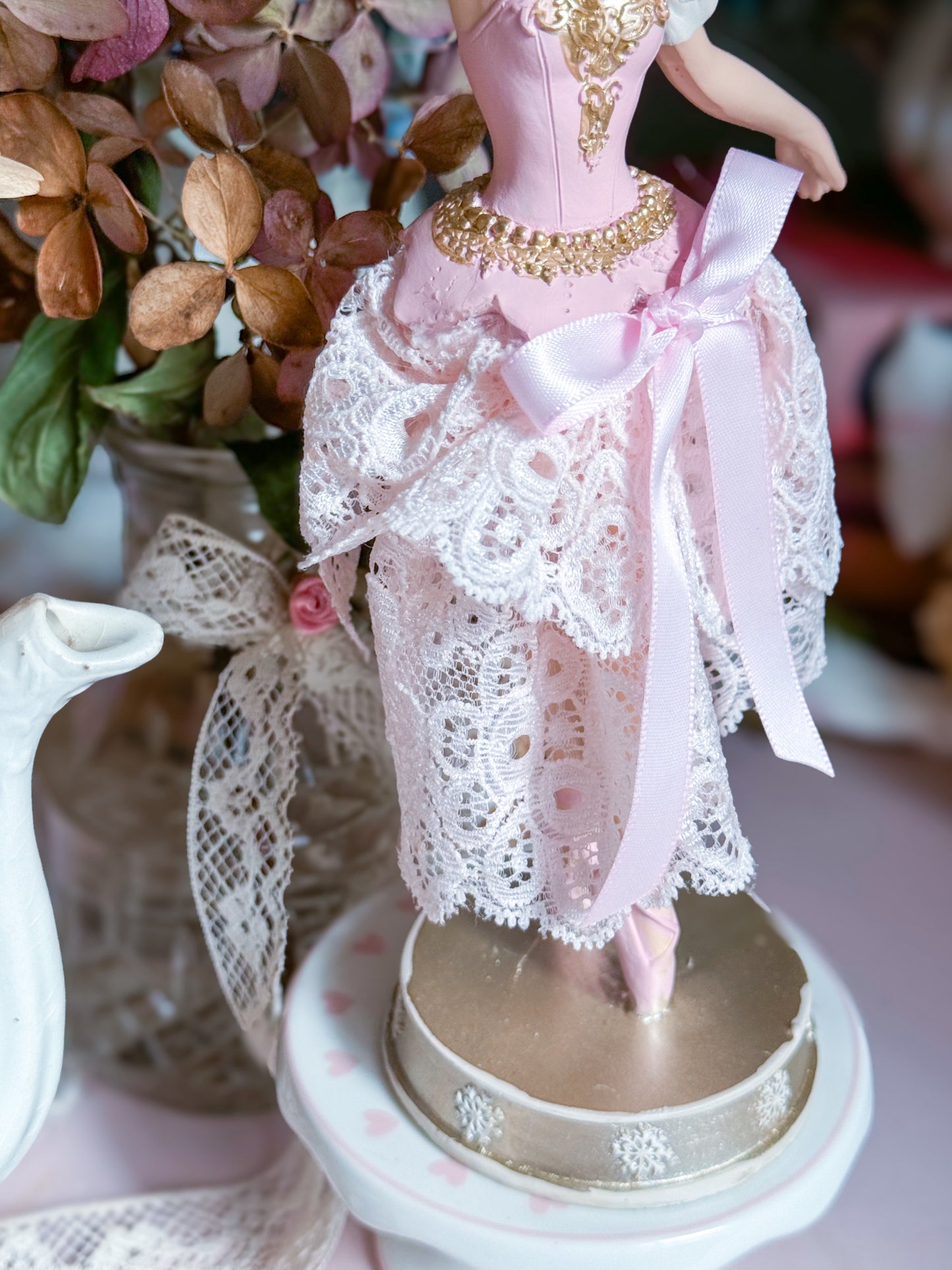 Bespoke Pink Ballerina Figurine with Handmade Skirt of Luxurious Pastel Pink Lace