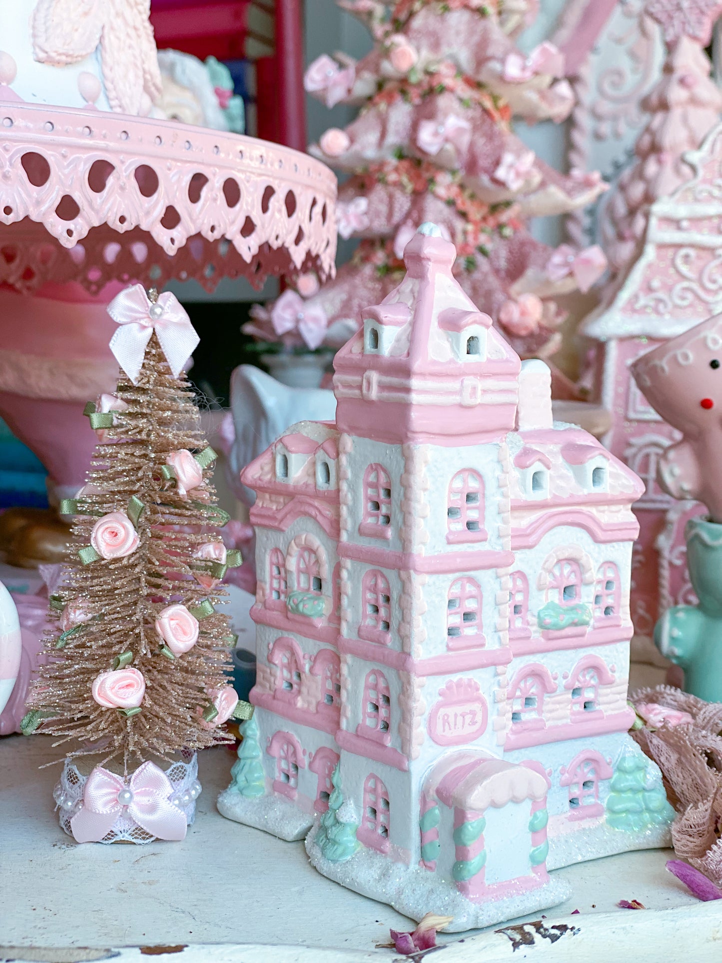 Bespoke Pastel Pink and White Petite Christmas Village Ritz Hotel