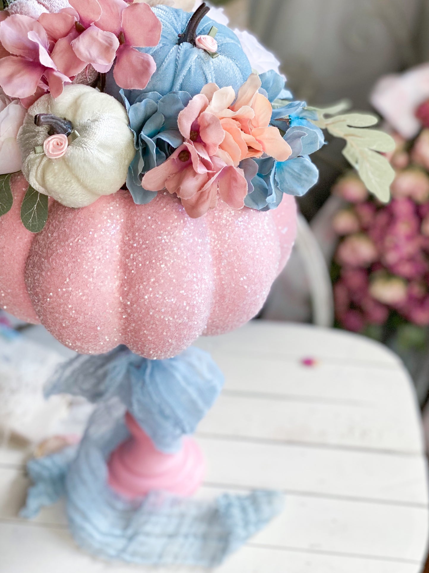 Bespoke Upcycled Pastel Pink Glam Glitter Pumpkin Topiary with Arrangement