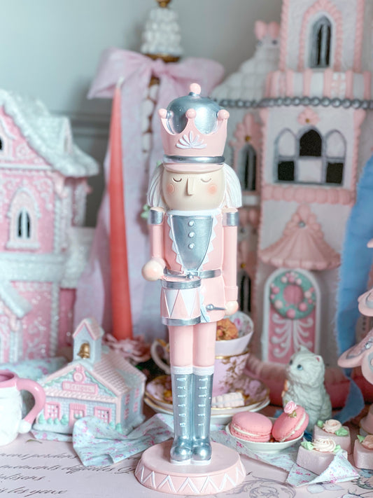 Pastel Pink and Silver Drummer Nutcracker