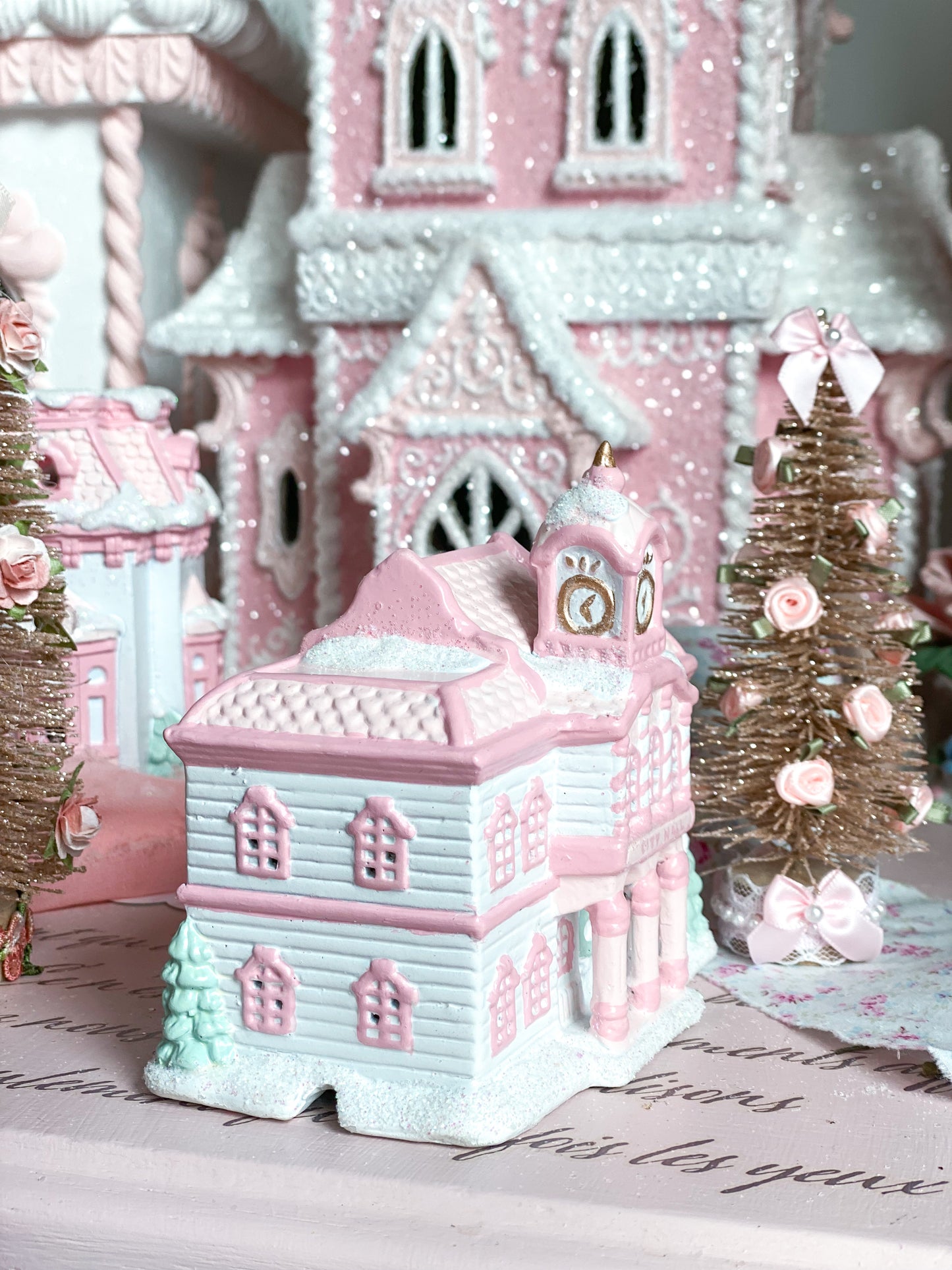 Bespoke Hand painted Petite Pastel Pink and White Christmas Village City Hall