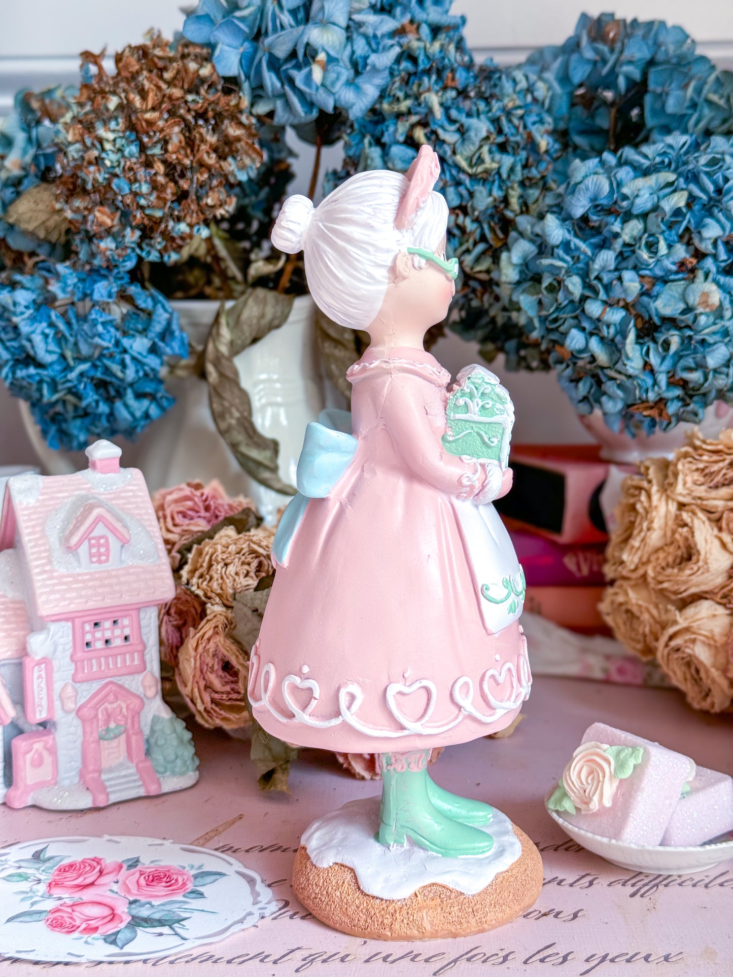 Pastel Pink & Mint Green Mrs Claus Figurine