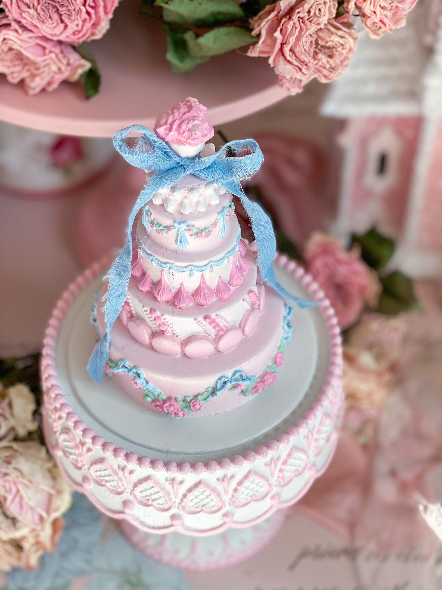 GLOW-UP COMMISSION: Bespoke Hand Painted Pastel Pink, Blue, Mint Green Spring Easter Cake with Cloche