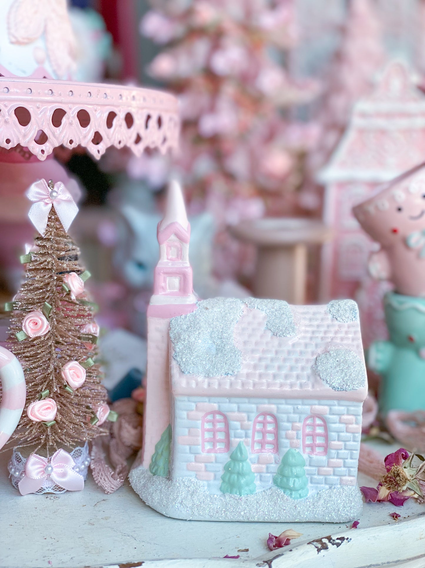 Bespoke Hand Painted Pastel Pink and White Christmas Village Petite Chapel