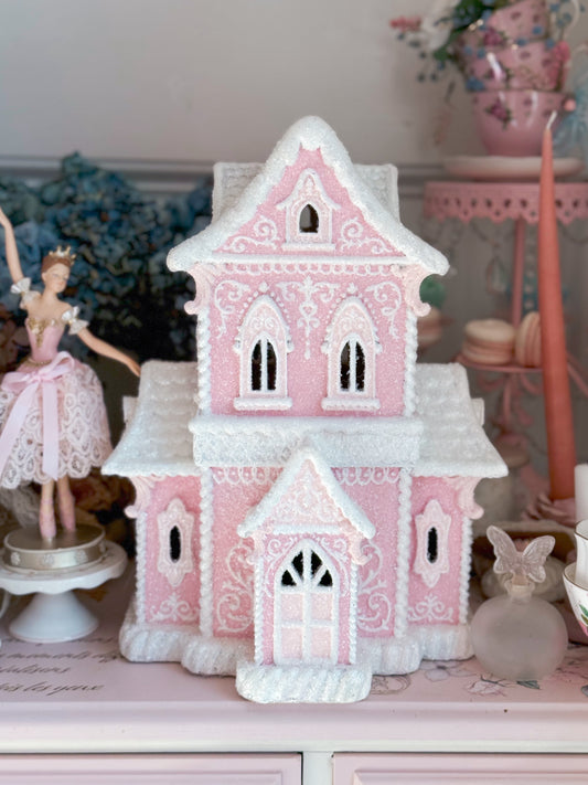 GLOW-UP COMMISSION: Bespoke Hand Painted Pastel Pink & White Two Story Victorian Gingerbread House