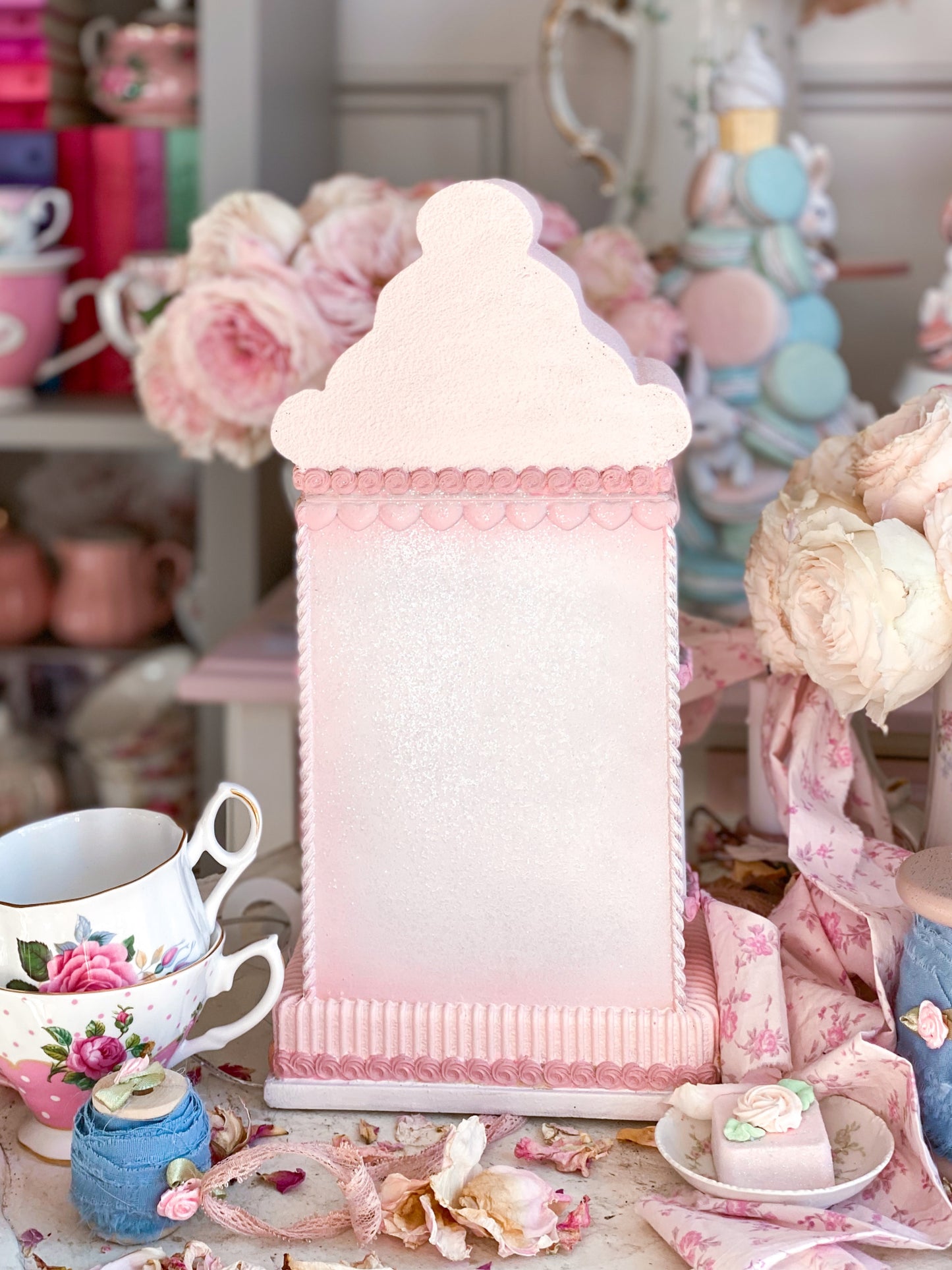 Bespoke Pastel Pink Spring or Valentine’s Day Floral LED light up Gingerbread House