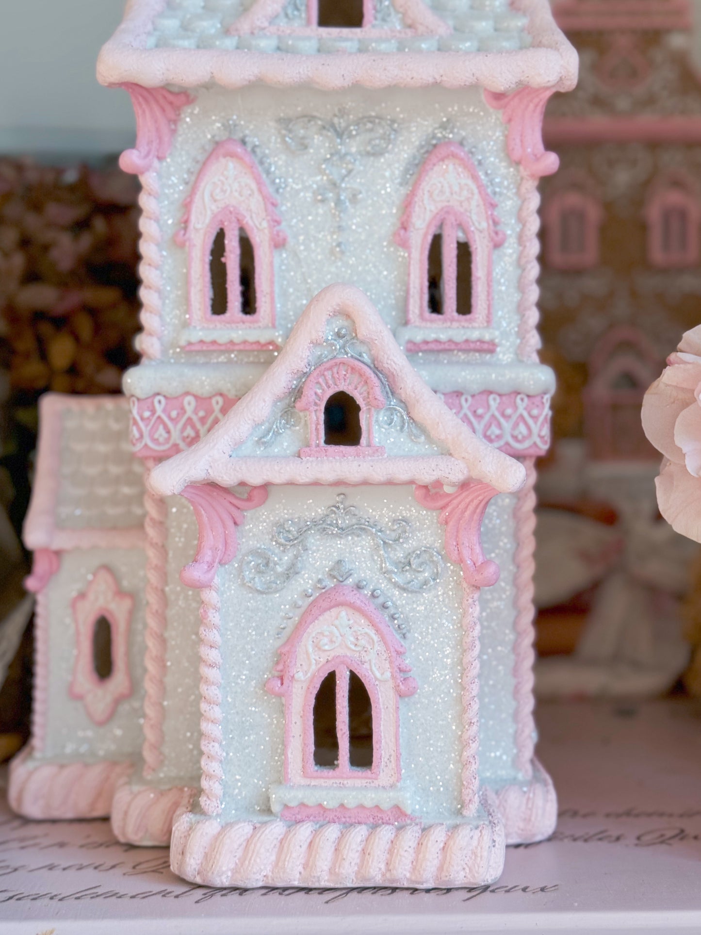 GLOW-UP COMMISSION: Bespoke Pastel Pink and White Hand Painted Two-Story Victorian Gingerbread House