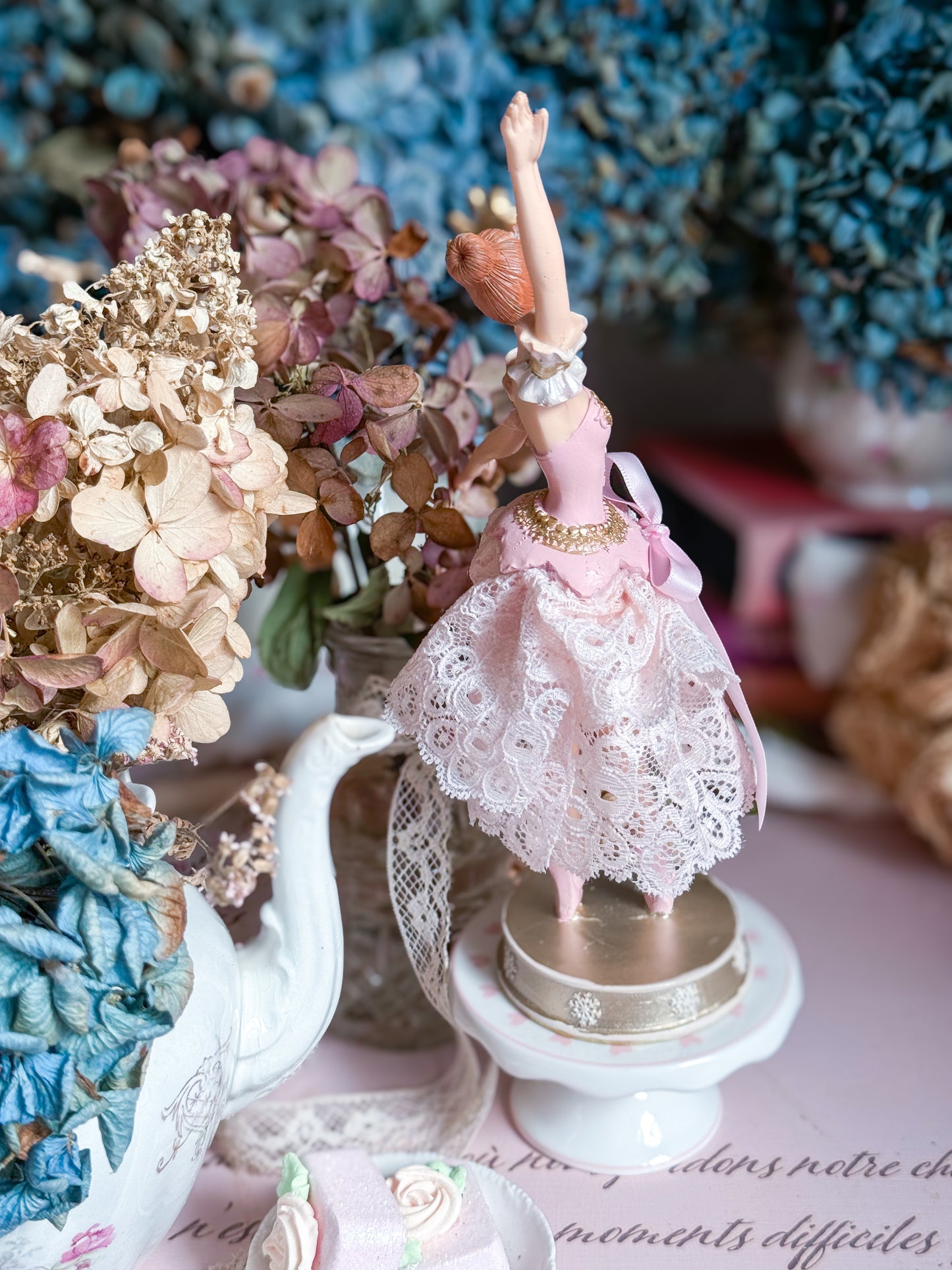 Bespoke Pink Ballerina Figurine with Handmade Skirt of Luxurious Pastel Pink Lace