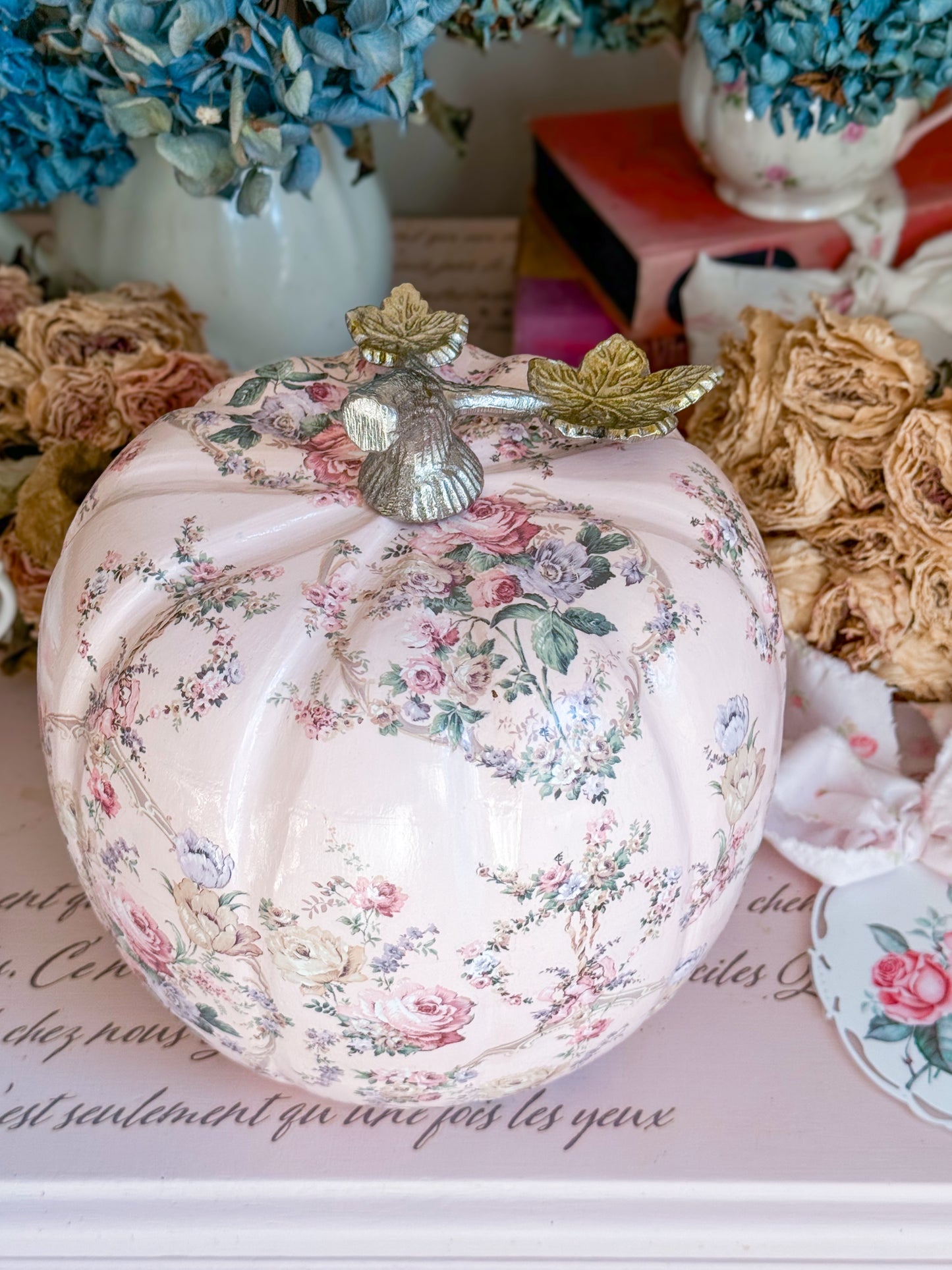 Bespoke Pastel Pink Hand Painted Shabby Chic Floral Pumpkin