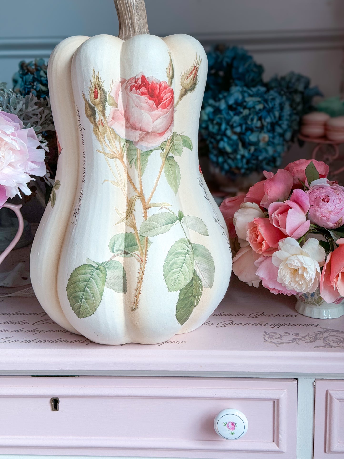 PRE-ORDER: Bespoke Redoute Roses Autumn Pumpkin Gourd with all Pink Roses