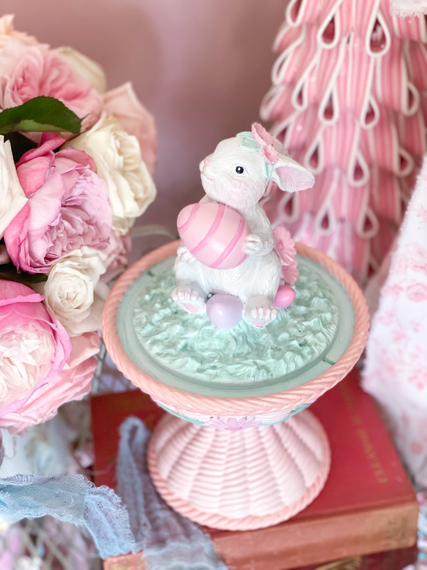 Bespoke Easter Bunny in Cloche on Pastel Pink Pedestal Base Hand Painted