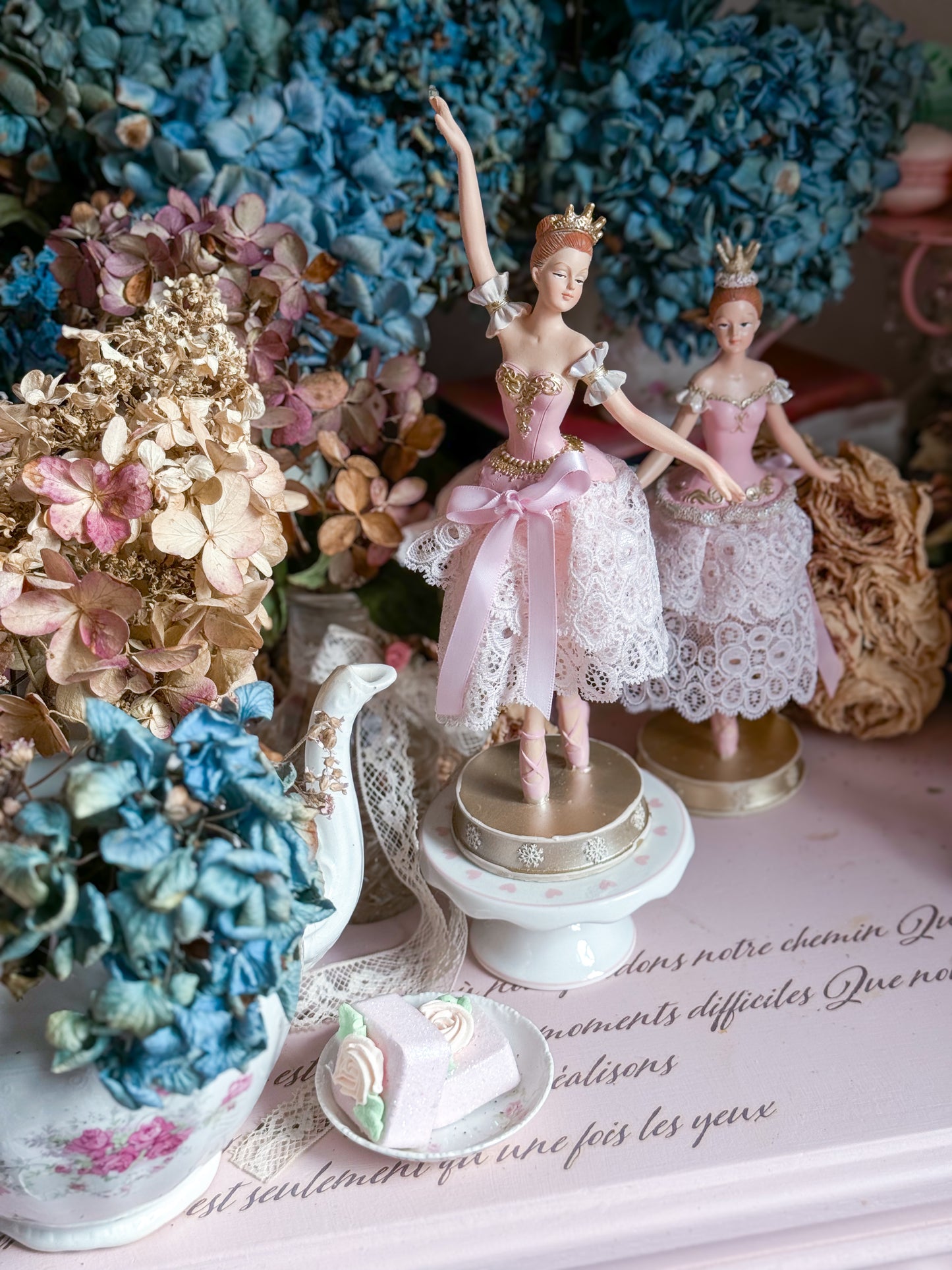 Bespoke Pink Ballerina Figurine with Handmade Skirt of Luxurious Pastel Pink Lace