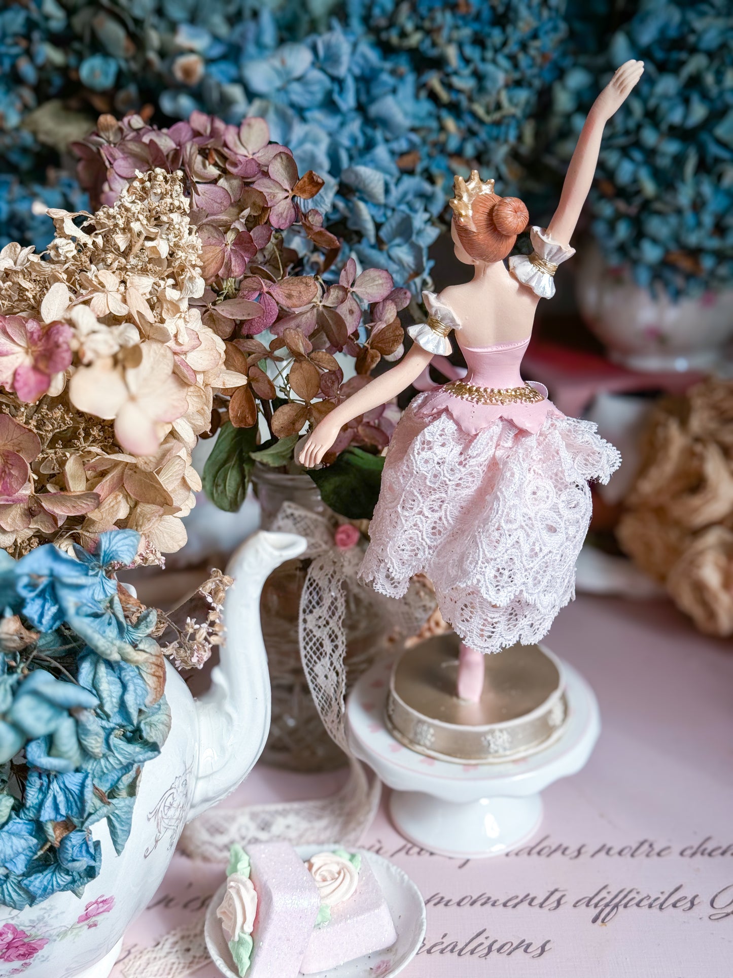 Bespoke Pink Ballerina Figurine with Handmade Skirt of Luxurious Pastel Pink Lace