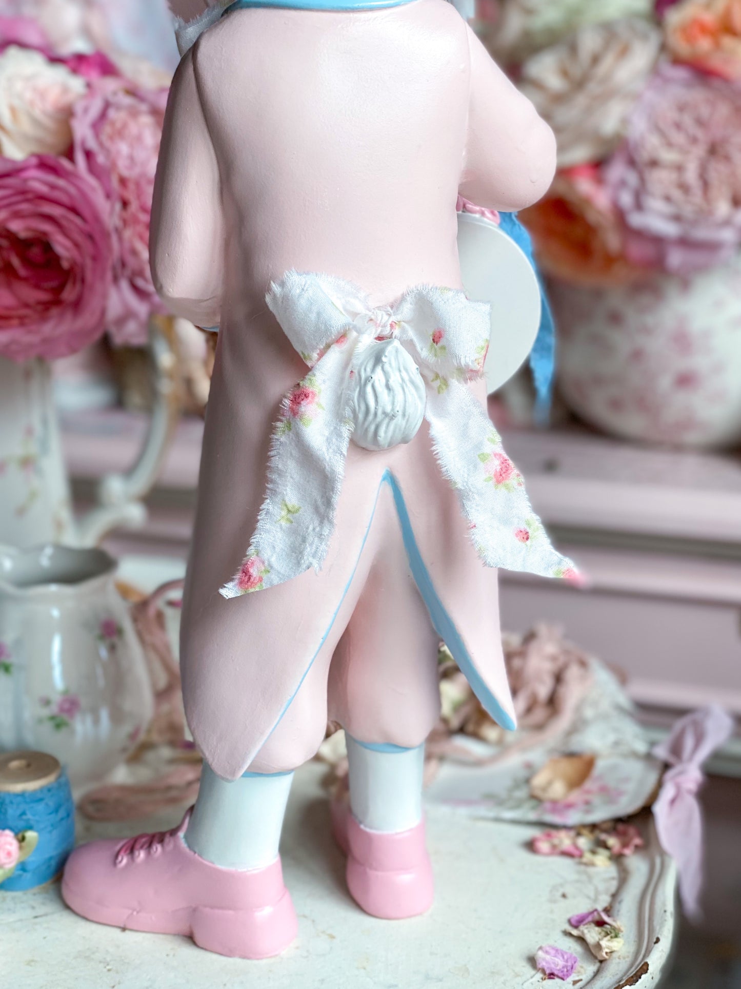 Bespoke Hand Painted Pastel Pink and Blue White Rabbit Figurine Holding Pocket Watch