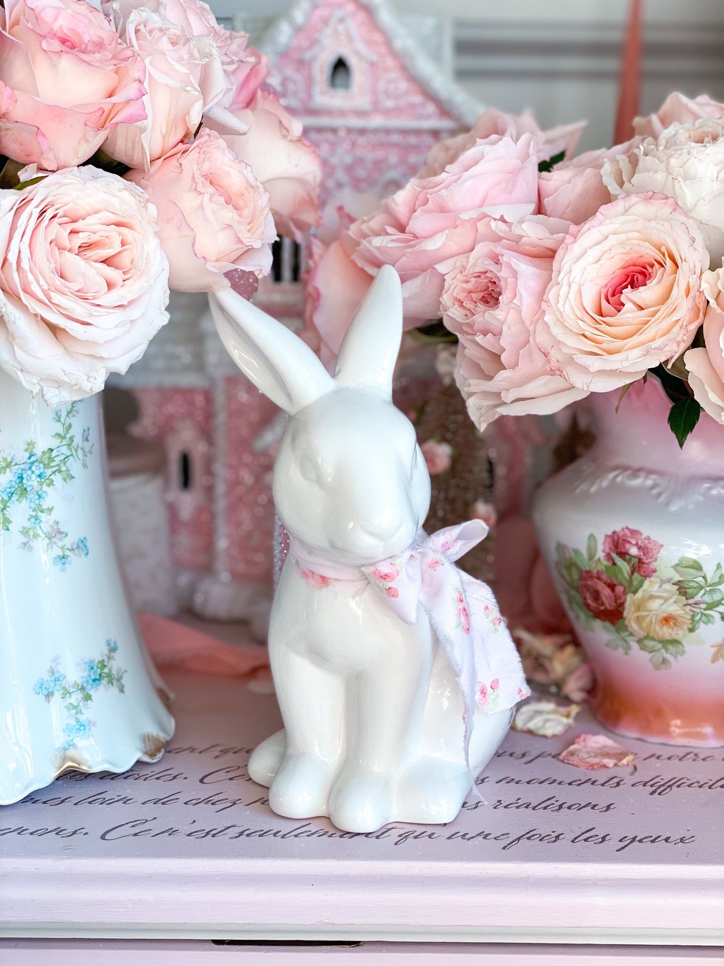 Bespoke Pastel Pink Shabby Chic Floral Ceramic Easter Bunny with Hand Torn Bow