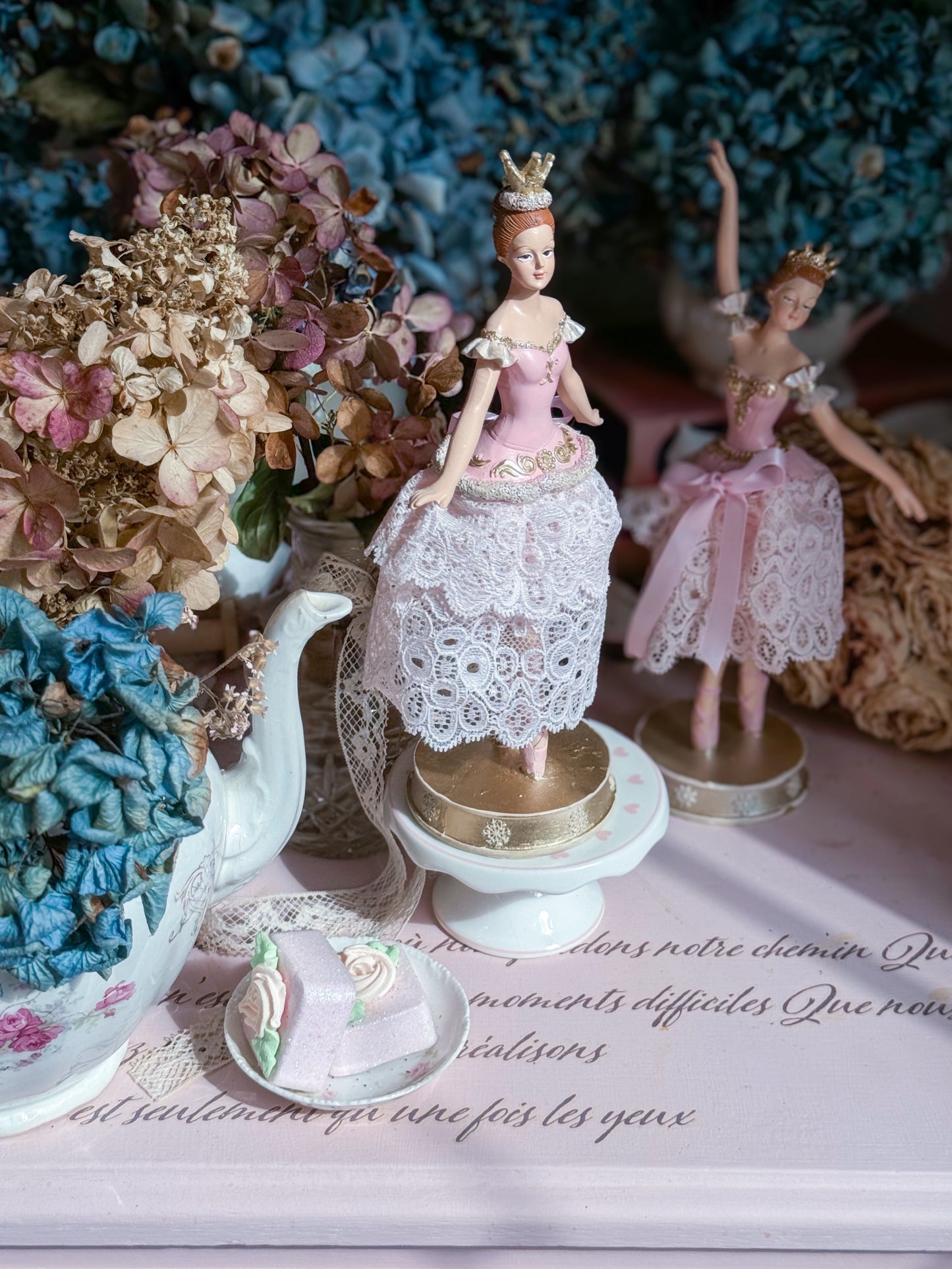 Bespoke Pink Ballerina Figurine with Handmade Tutu made of Luxurious Blush Lace