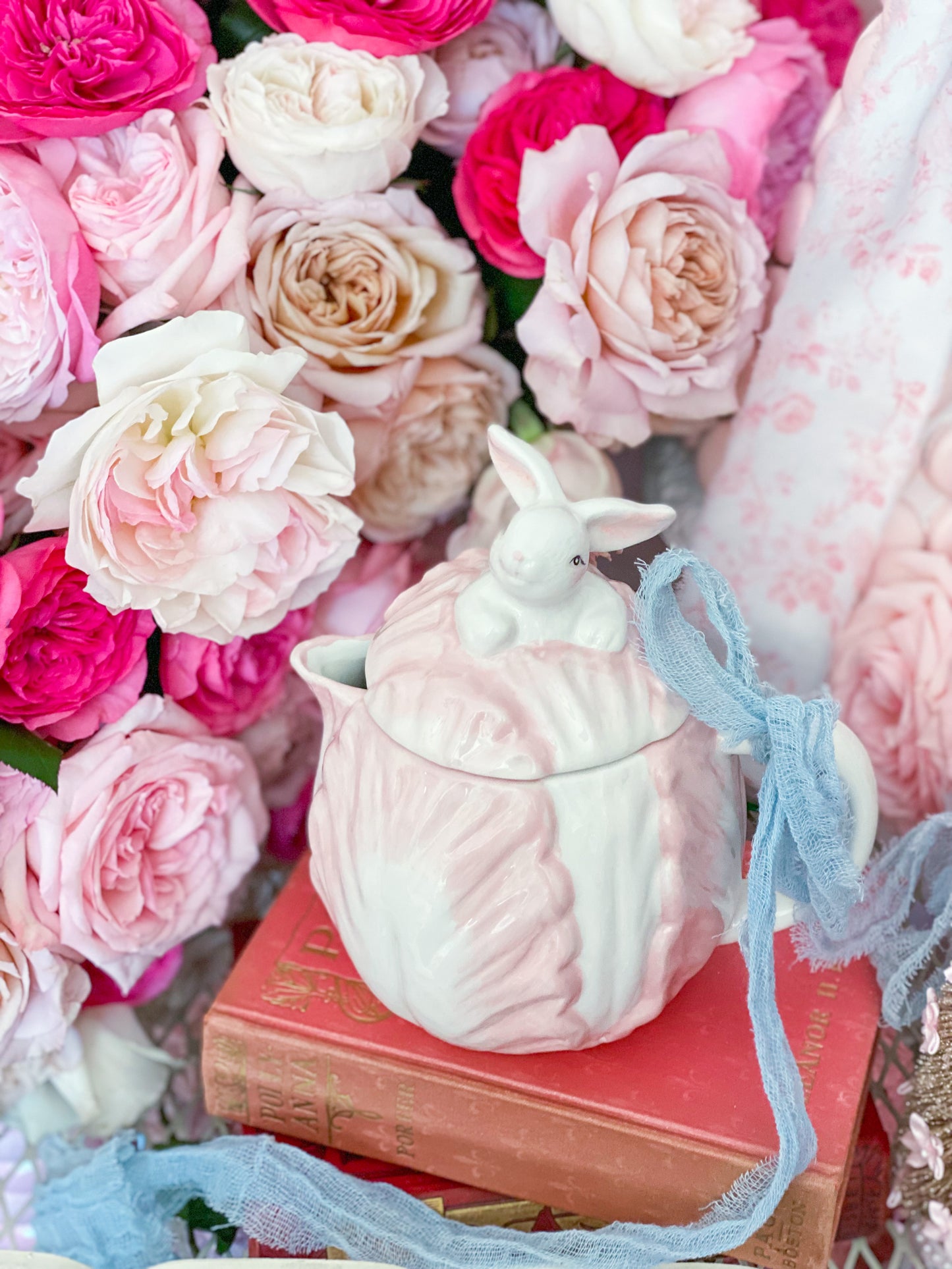 Pastel Pink Cabbage Tea Pot with Easter Bunny