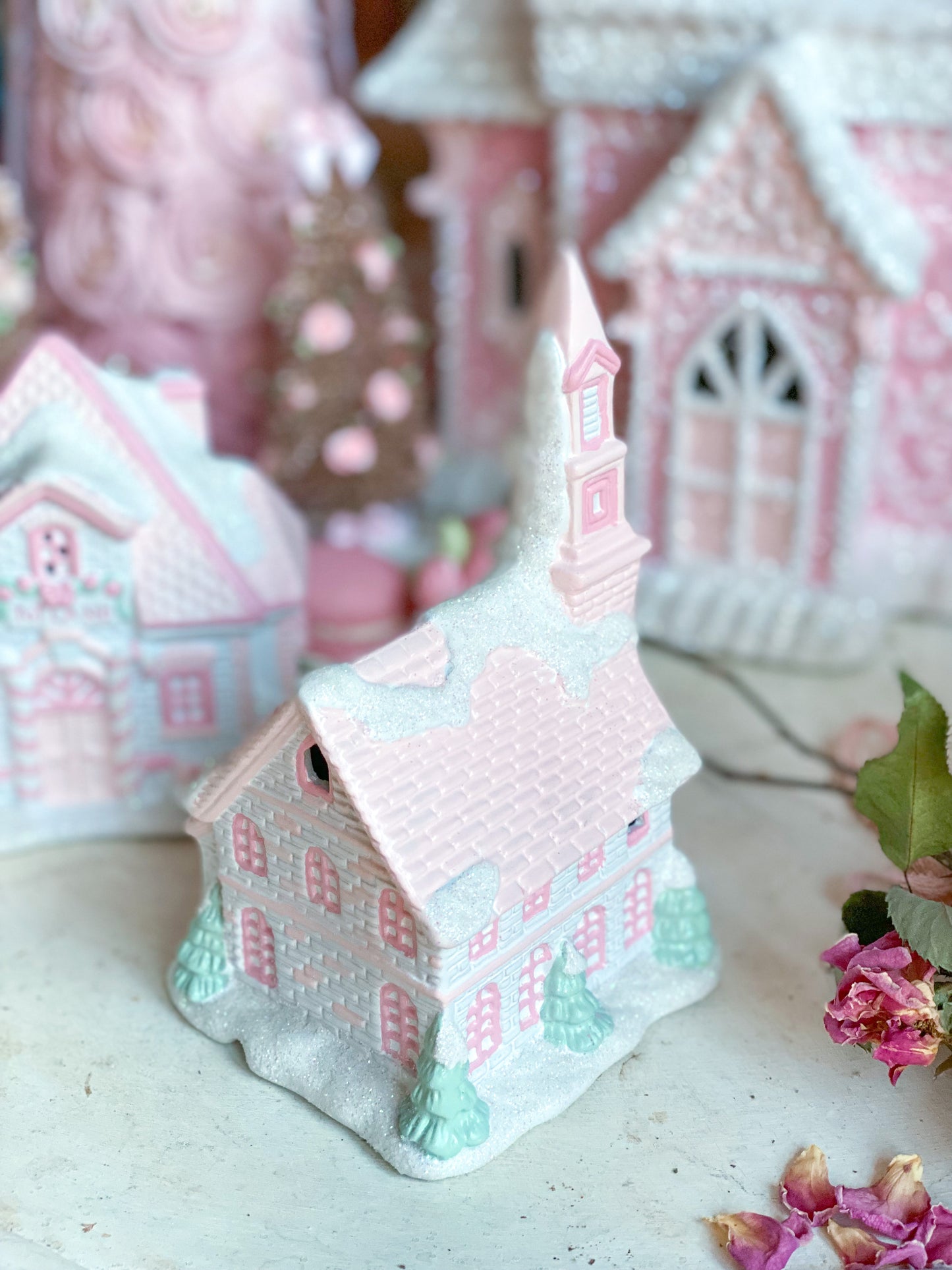 Bespoke Hand Painted Pastel Pink and White Christmas Village Petite St Nicholas Chapel Pre-Order