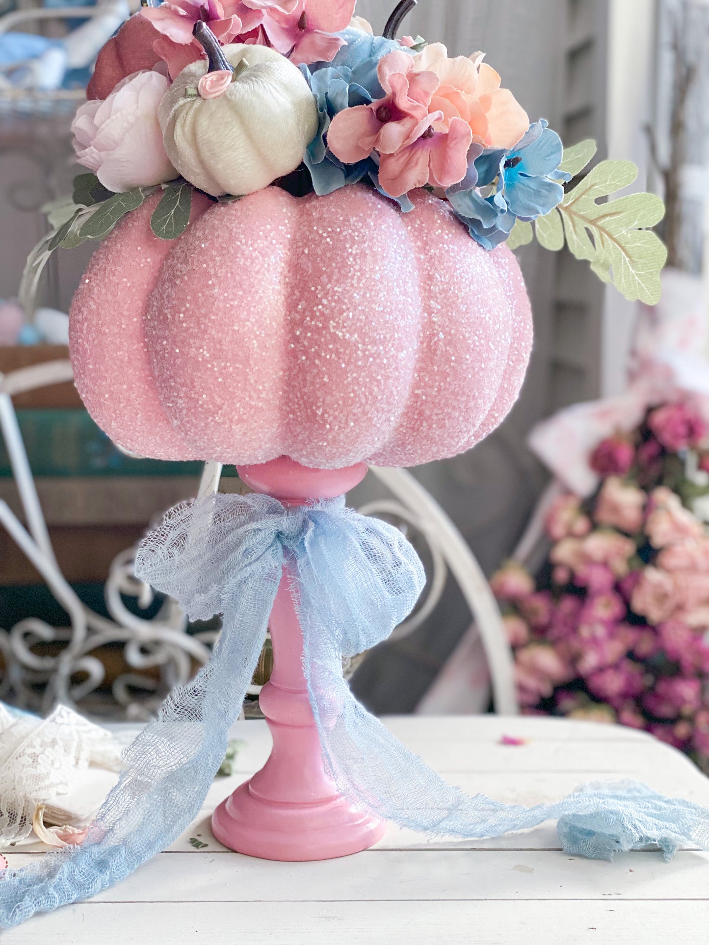 Bespoke Upcycled Pastel Pink Glam Glitter Pumpkin Topiary with Arrangement