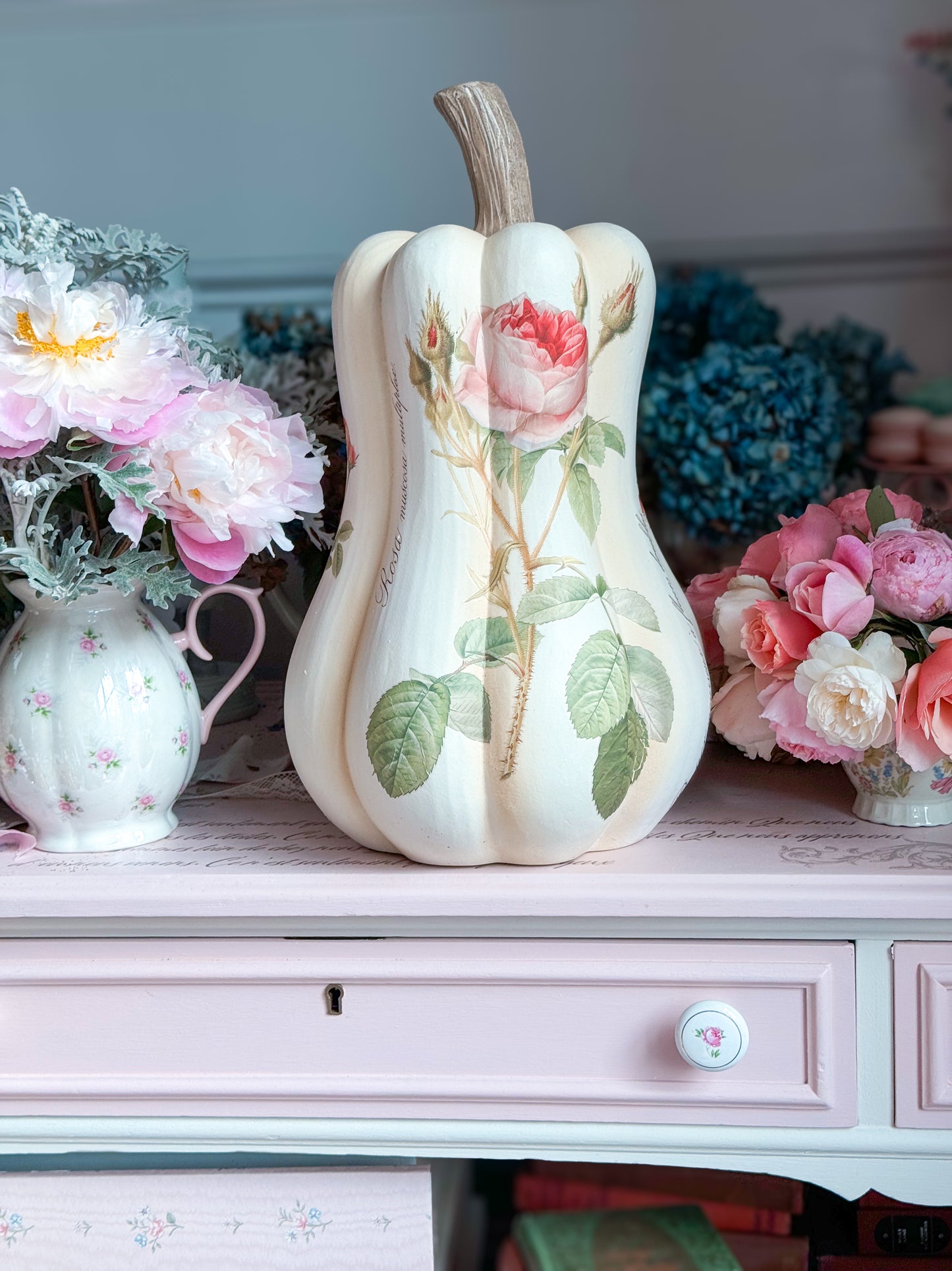 PRE-ORDER: Bespoke Redoute Roses Autumn Pumpkin Gourd with all Pink Roses