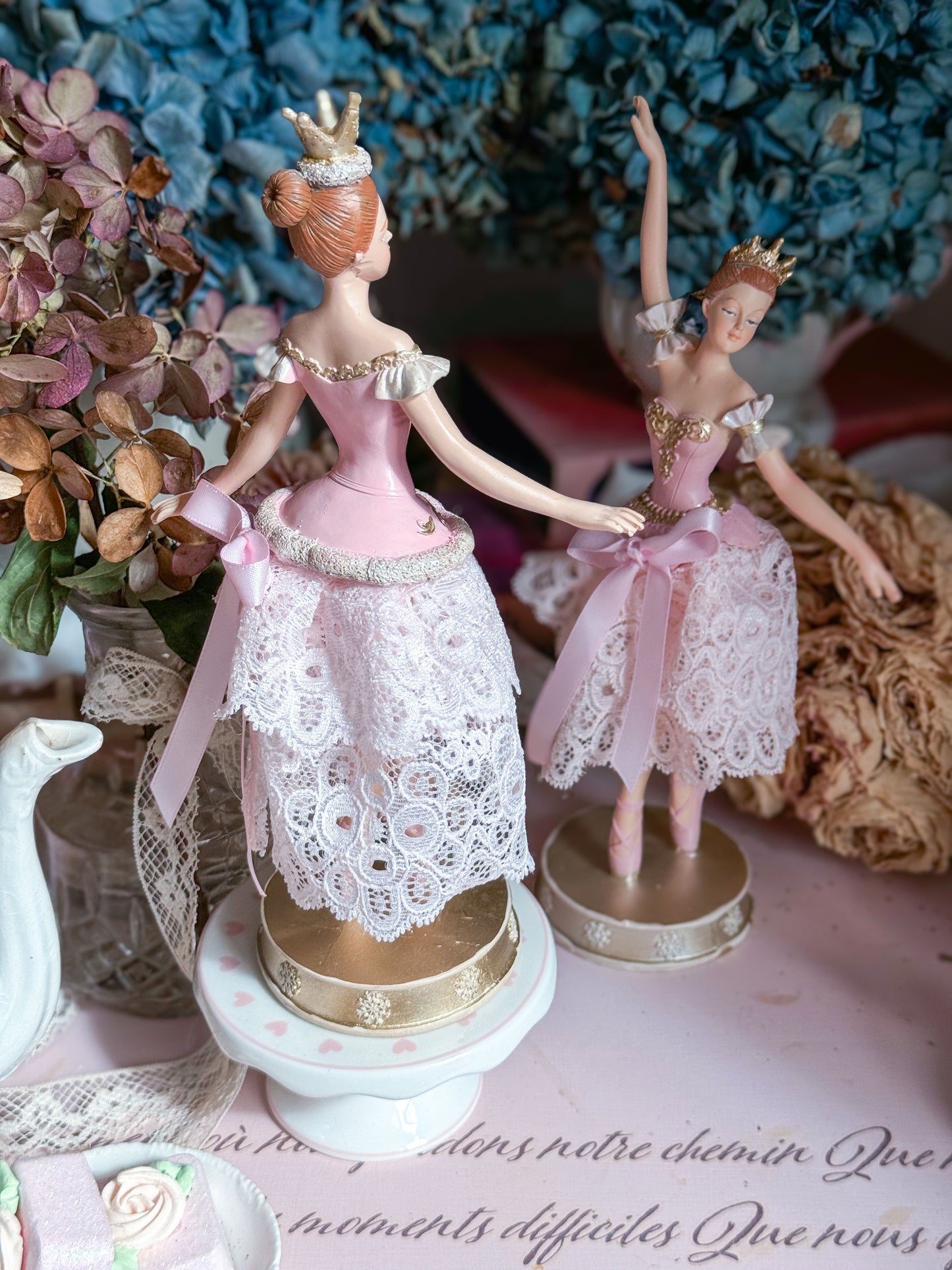 Bespoke Pink Ballerina Figurine with Handmade Tutu made of Luxurious Blush Lace