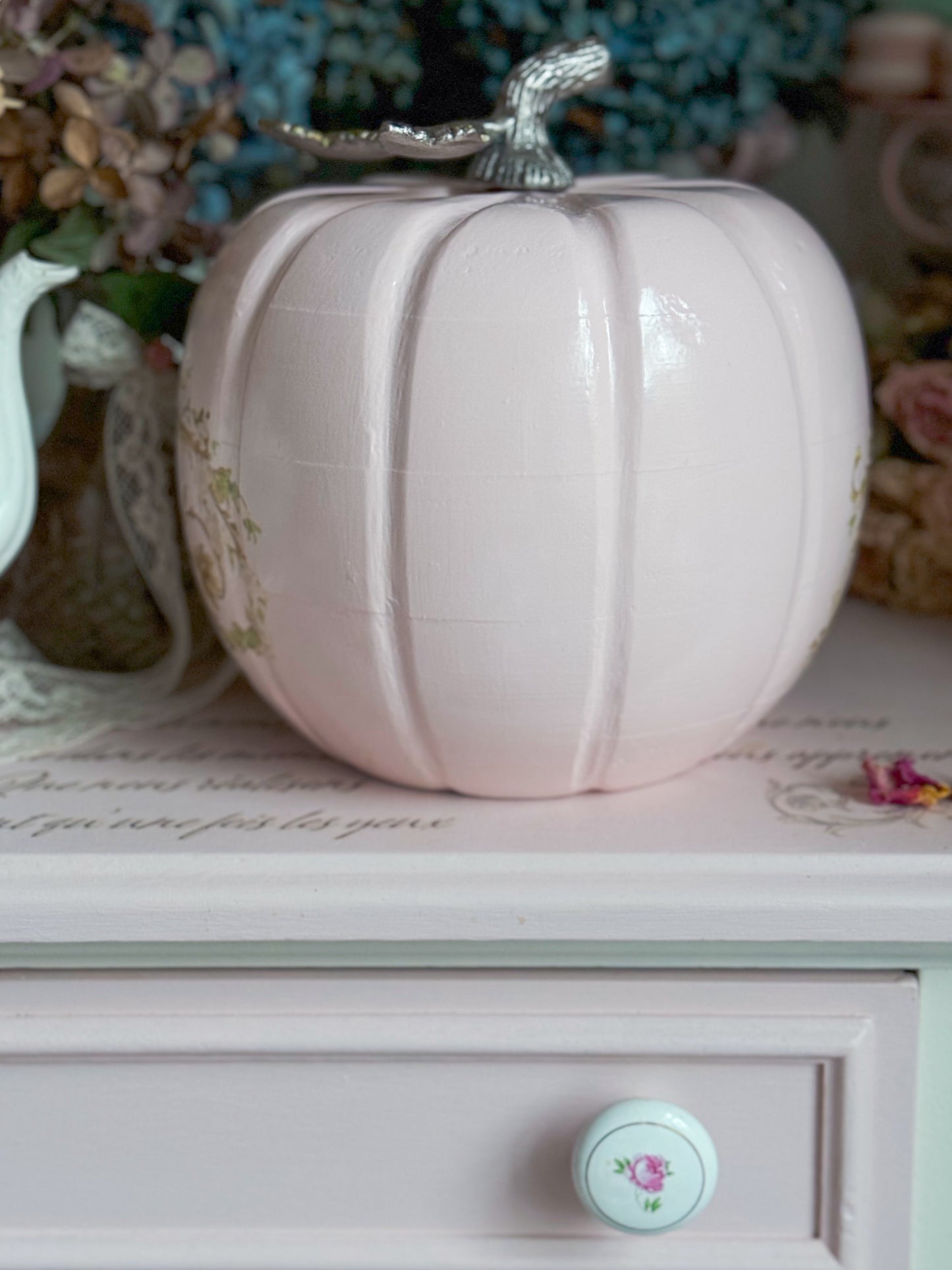 Bespoke Pastel Pink Hand Painted Rococo Inspired Coquette Floral Pumpkin Limited Edition