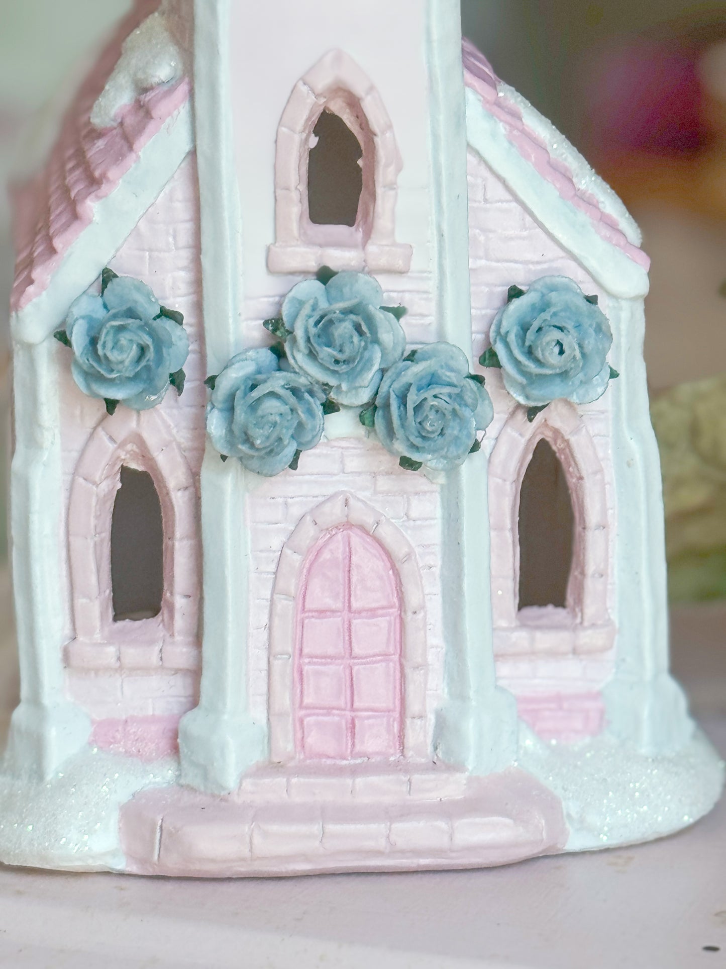 Bespoke Hand Painted Pastel Pink & Blue Christmas Village Church