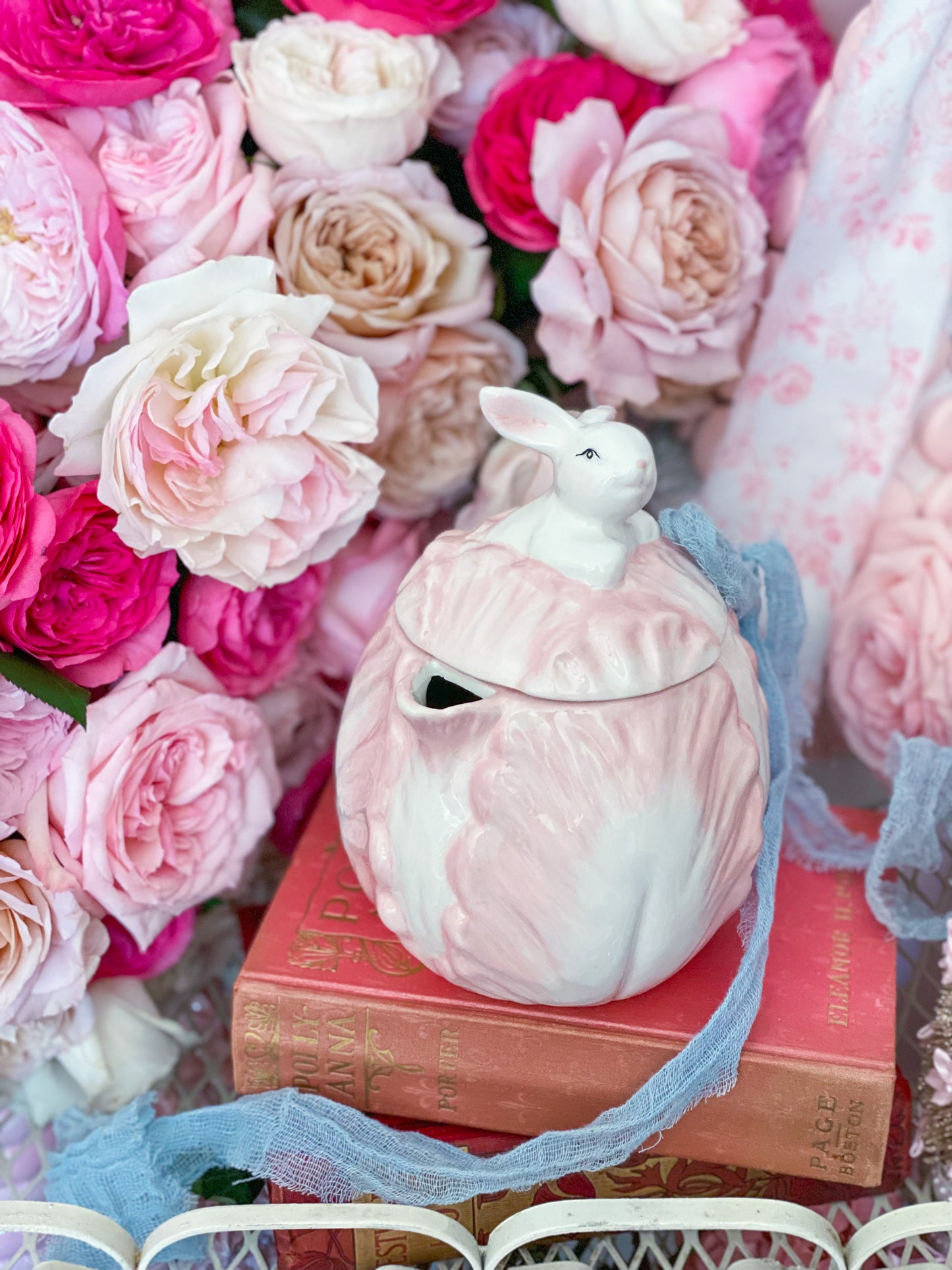 Pastel Pink Cabbage Tea Pot with Easter Bunny