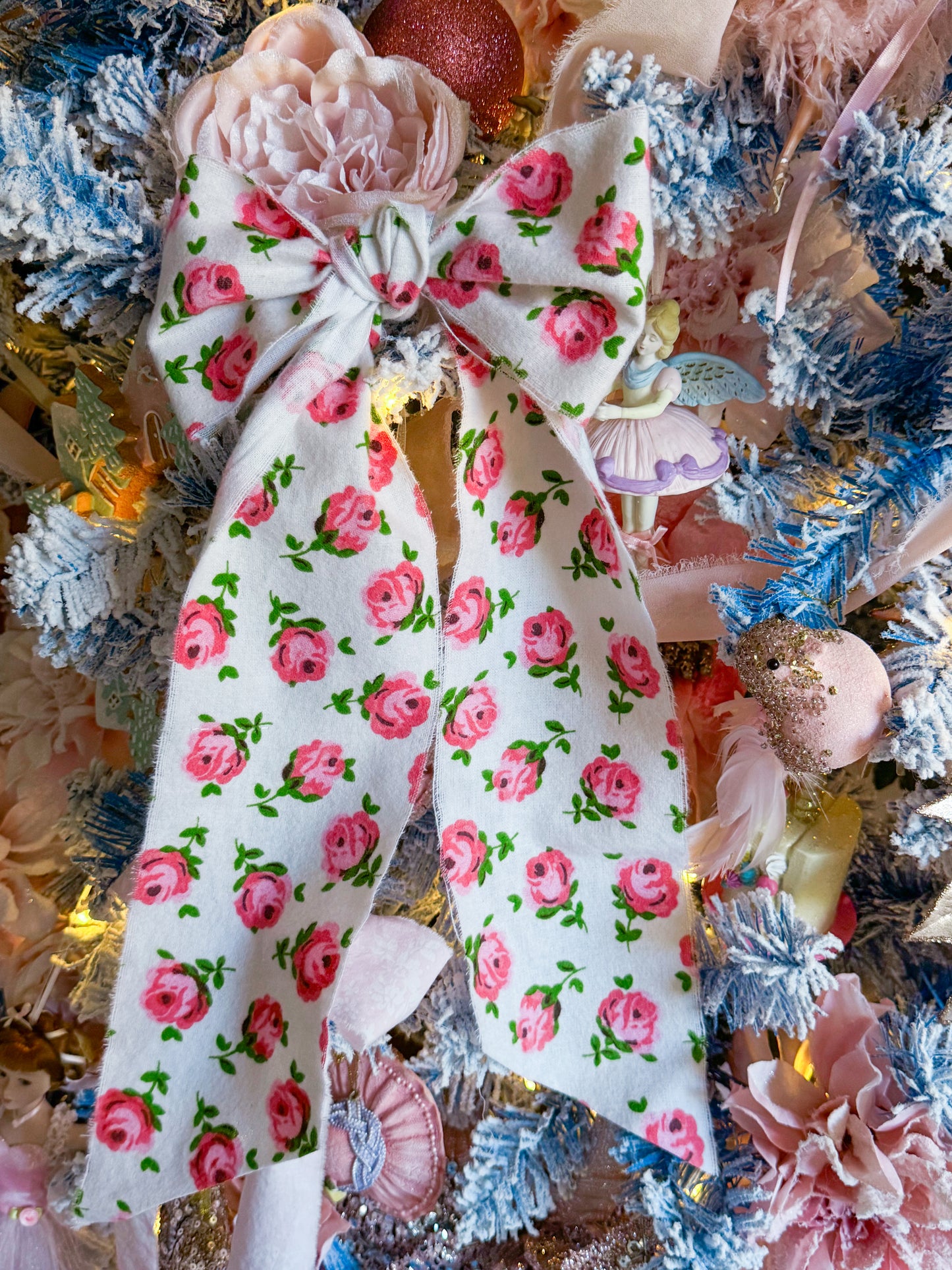 Bespoke Large Christmas Tree Bow Ornaments Made of Pink & White Hand Torn Rose Ribbon