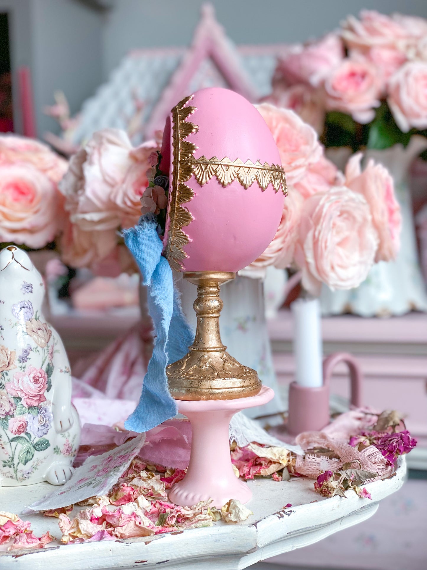 Bespoke Pastel Pink, Blue and Gold Shabby Chic Egg Finial with Easter Bunny