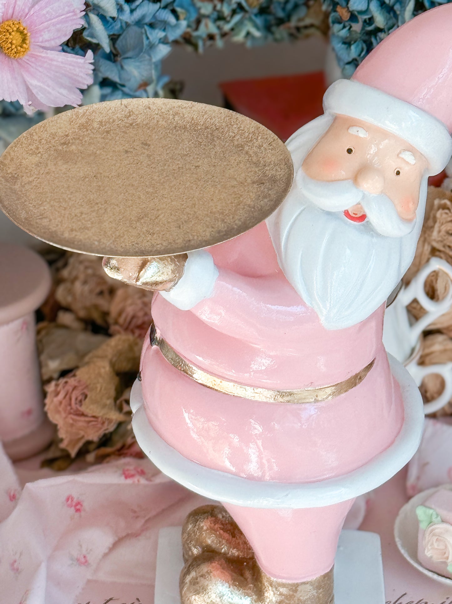 Pastel Pink and gold Santa Cake stand with hand painted ceramic mini cake