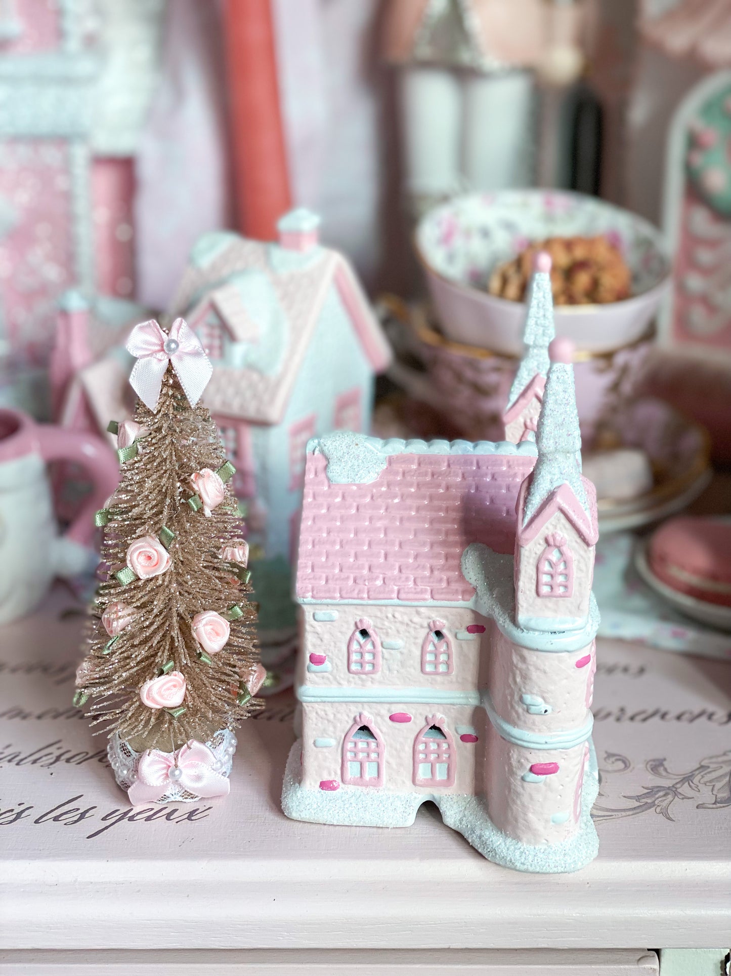 Bespoke Pastel Pink and White Petite Christmas Village Cathedral