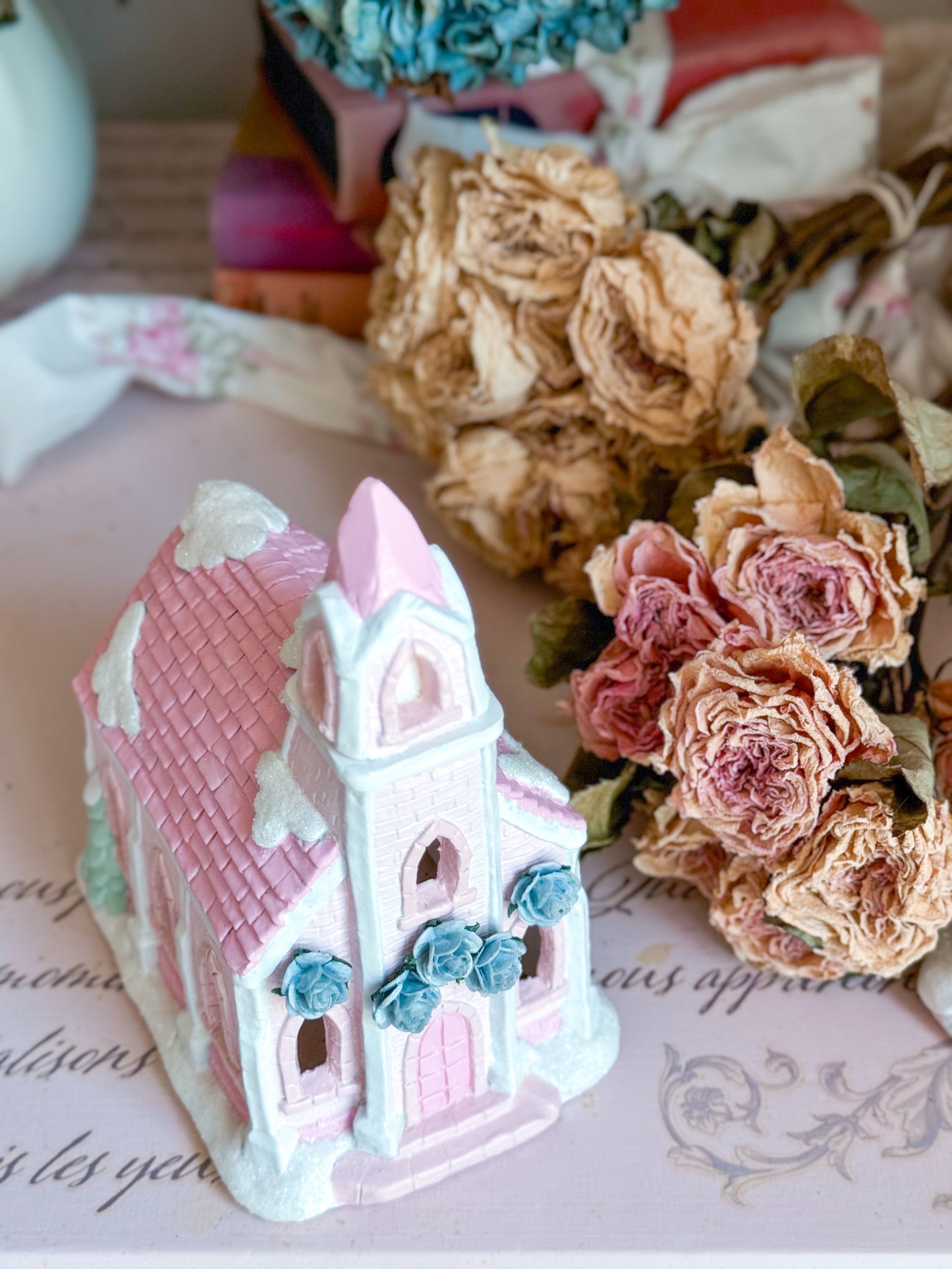 Bespoke Hand Painted Pastel Pink & Blue Christmas Village Church