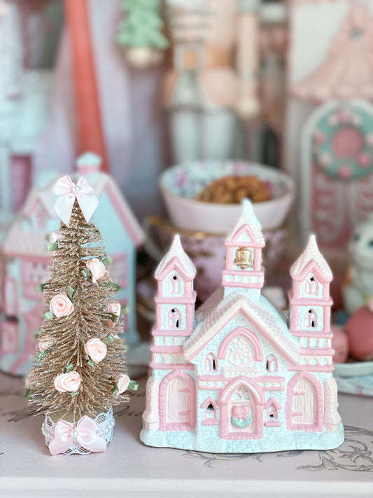 Bespoke Pastel Pink and White Petite Christmas Village Medieval Church