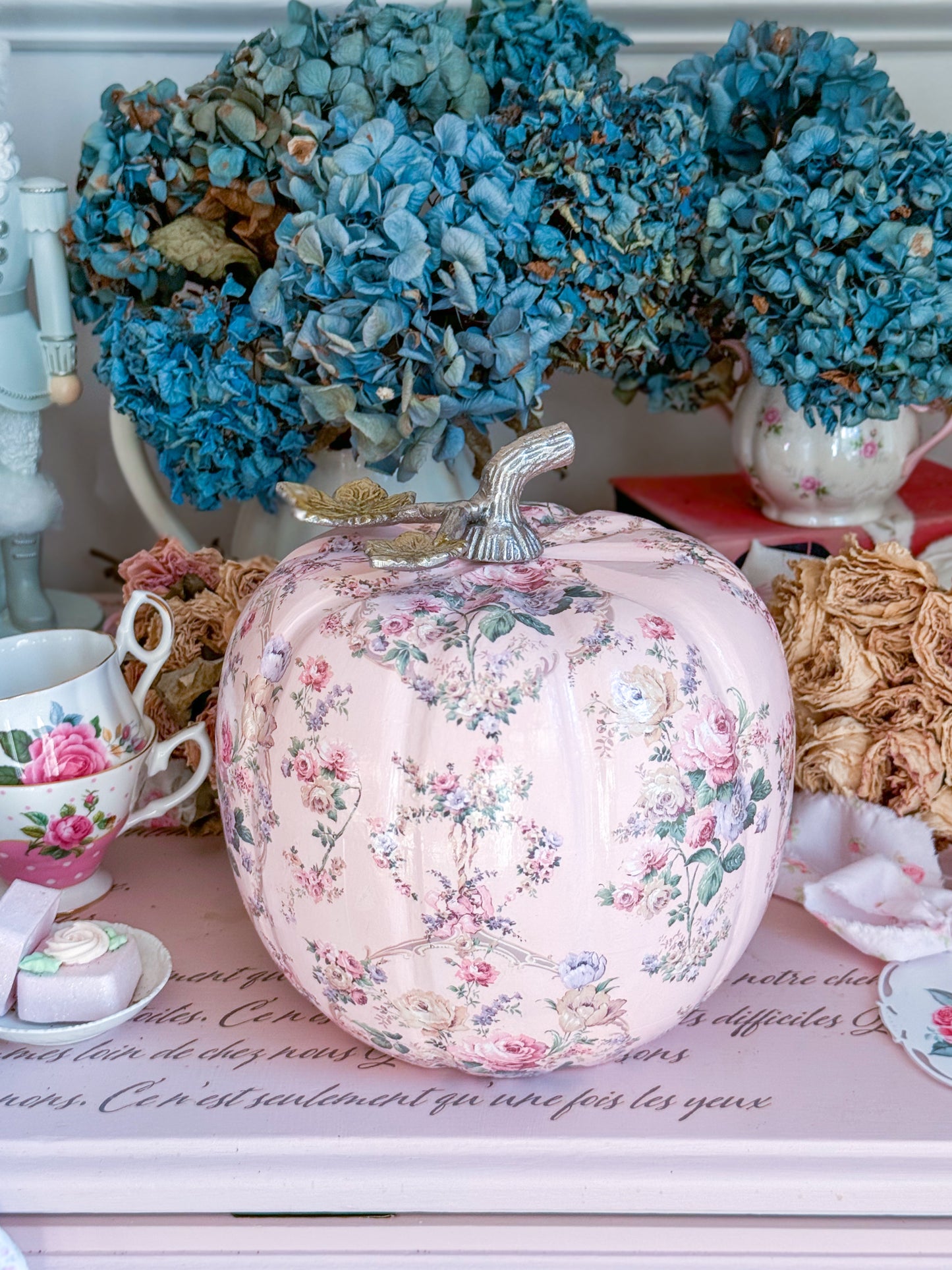 Bespoke Pastel Pink Hand Painted Shabby Chic Floral Pumpkin