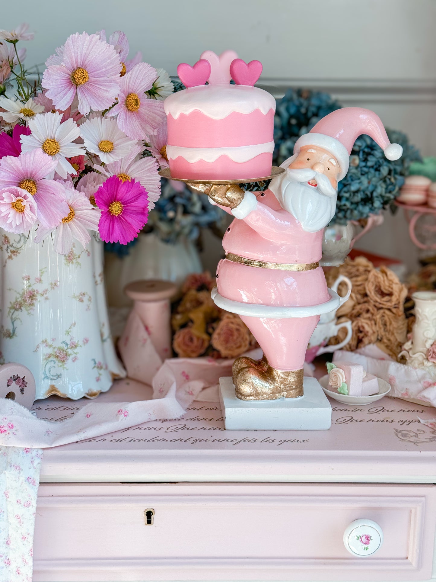 Pastel Pink and gold Santa Cake stand with hand painted ceramic mini cake