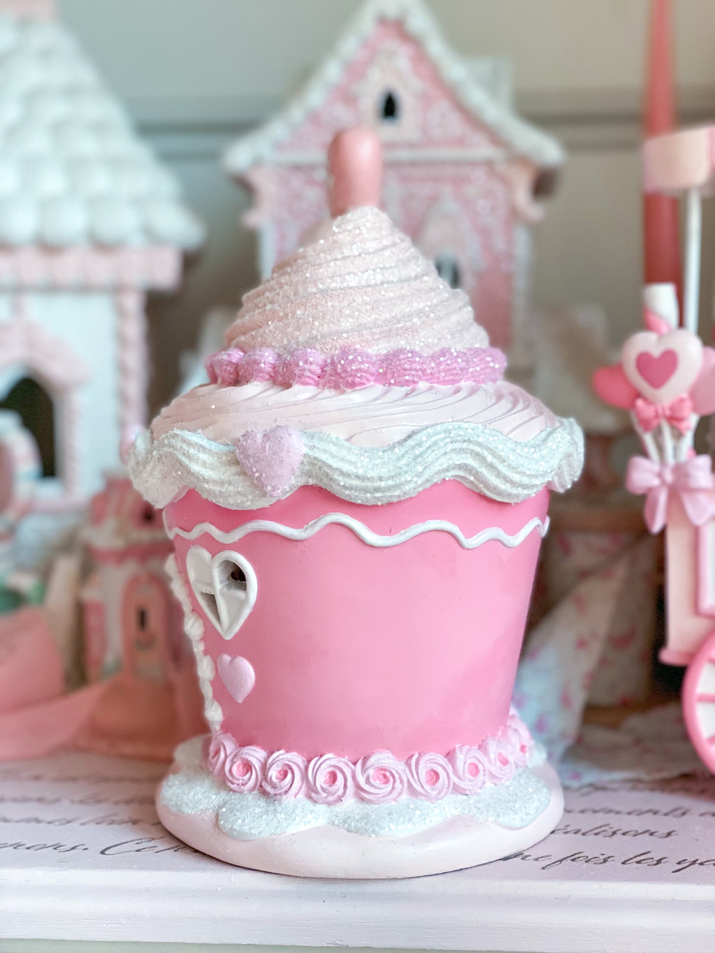 Bespoke Hand Painted Pastel Pink LED light up Valentine’s Day Cupcake House