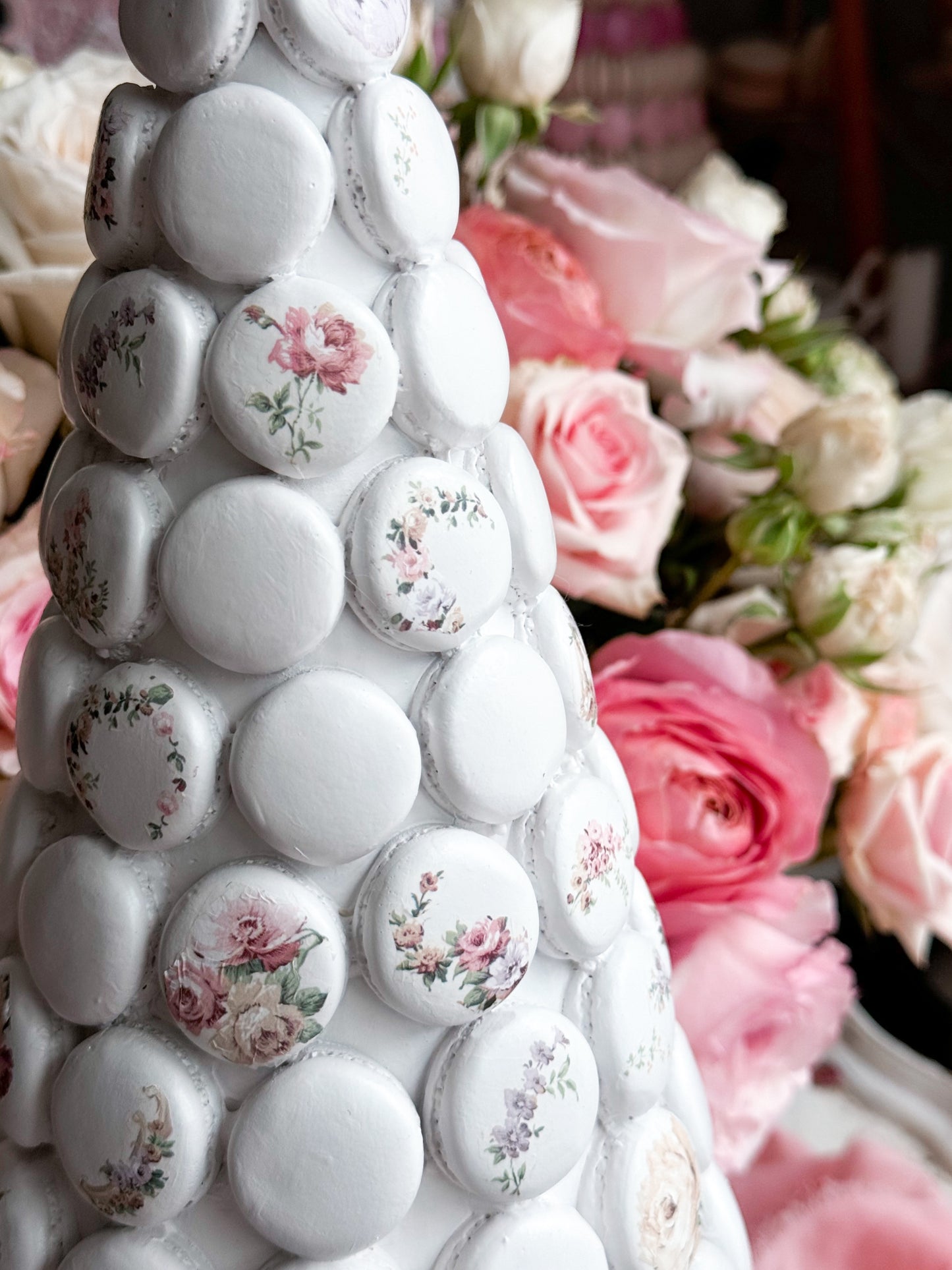 Bespoke Hand Painted Pastel Pink and White Shabby Chic Floral Macaron Tree