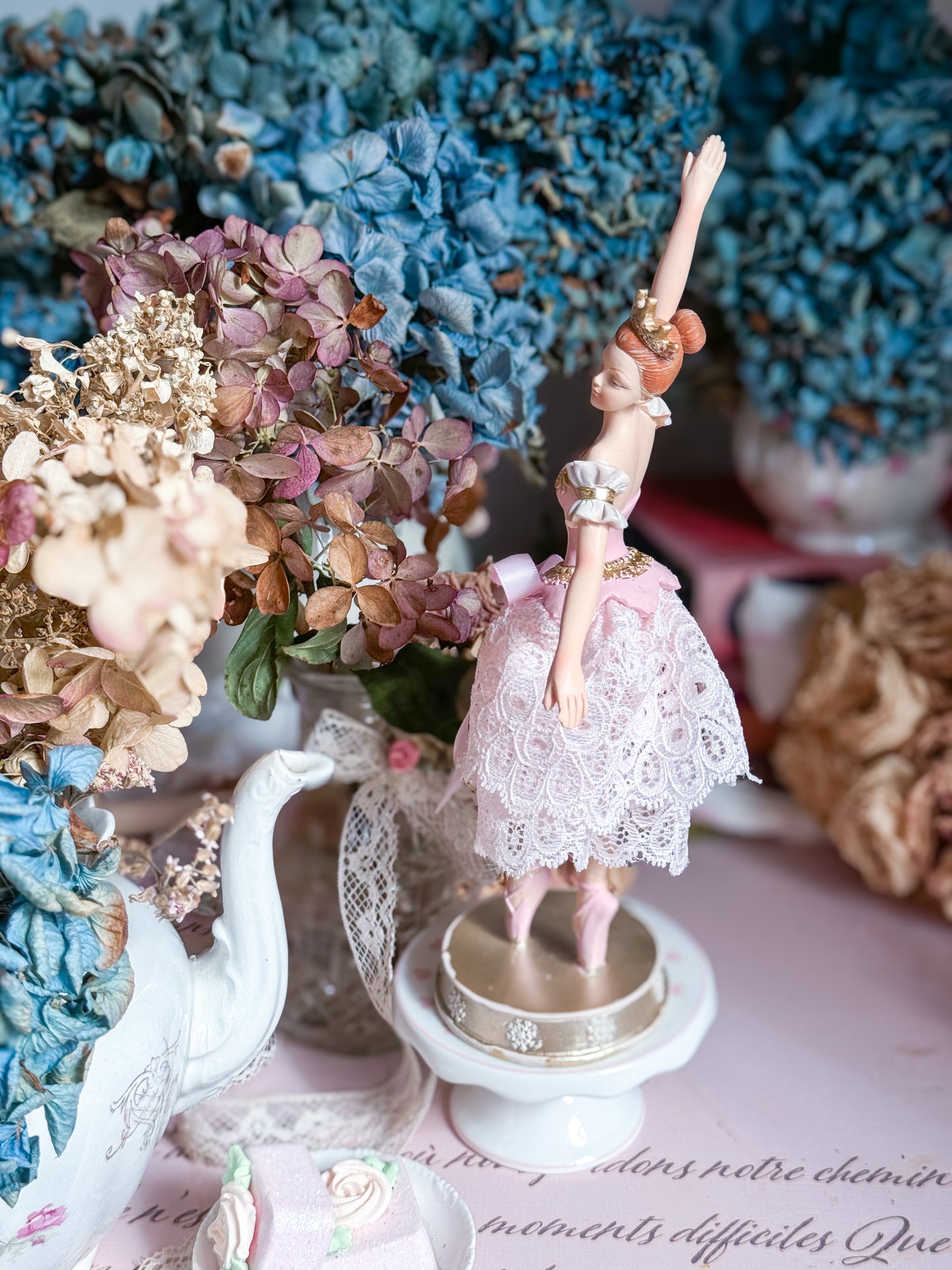 Bespoke Pink Ballerina Figurine with Handmade Skirt of Luxurious Pastel Pink Lace