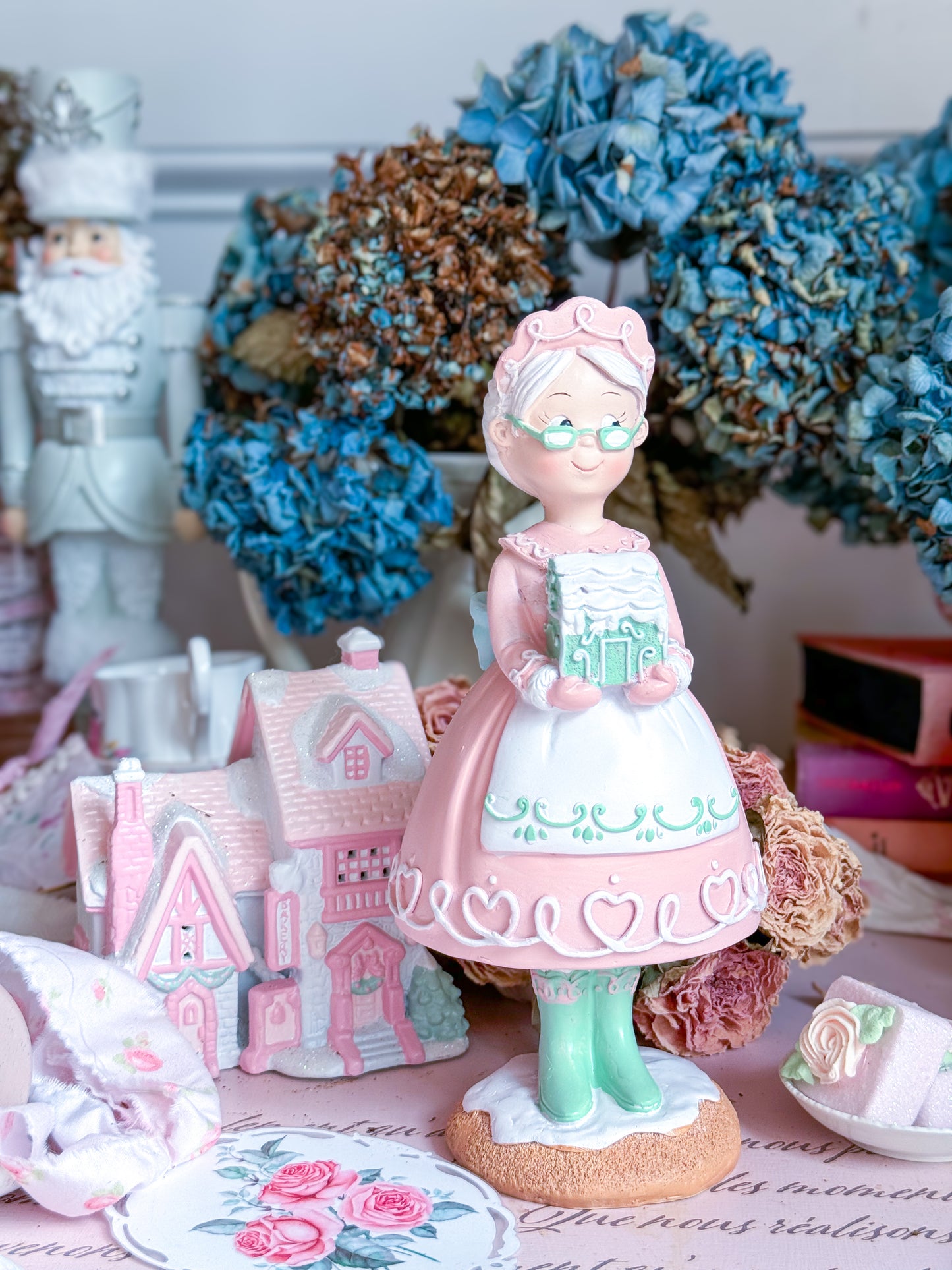 Pastel Pink & Mint Green Mrs Claus Figurine