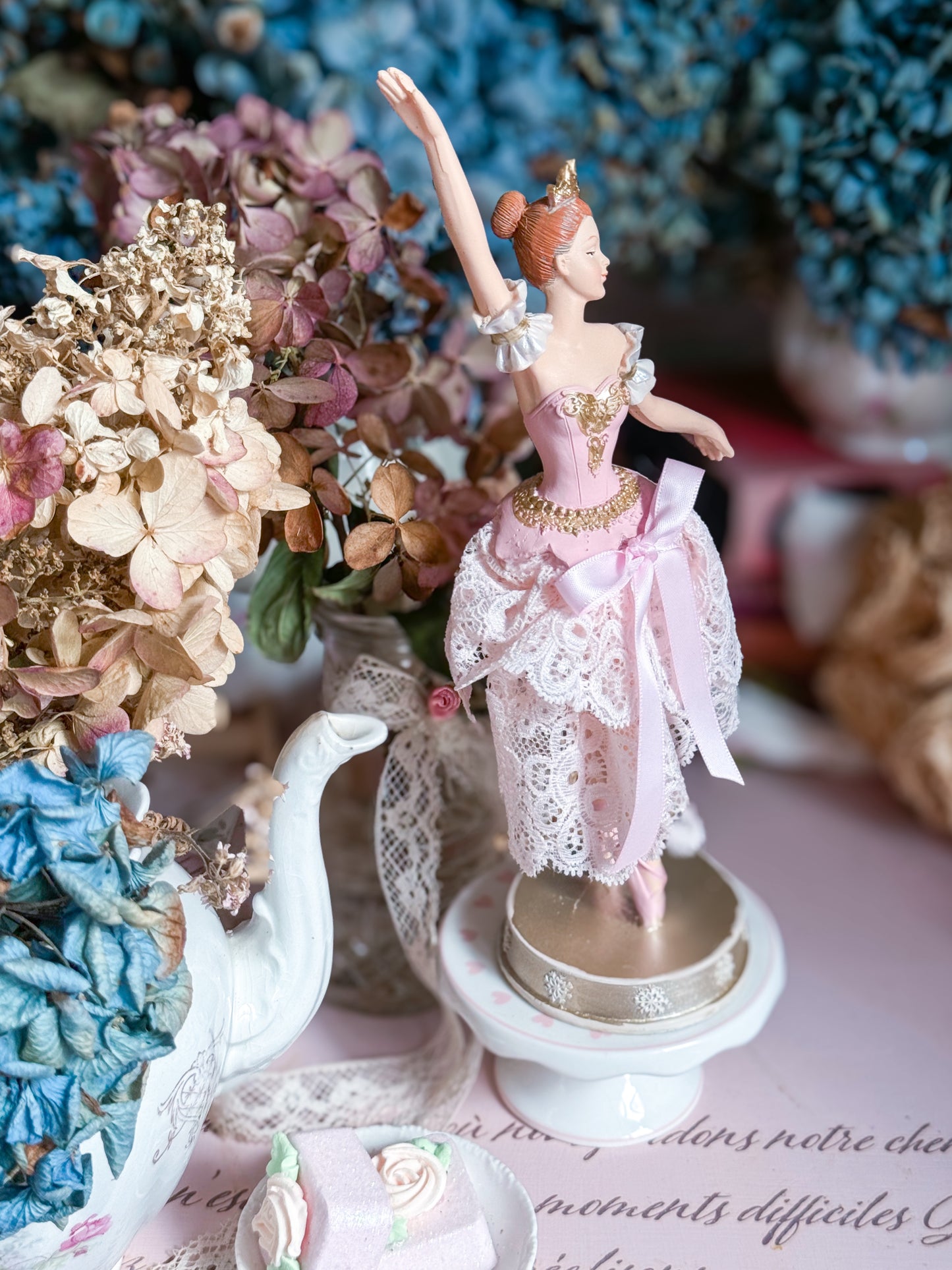 Bespoke Pink Ballerina Figurine with Handmade Skirt of Luxurious Pastel Pink Lace