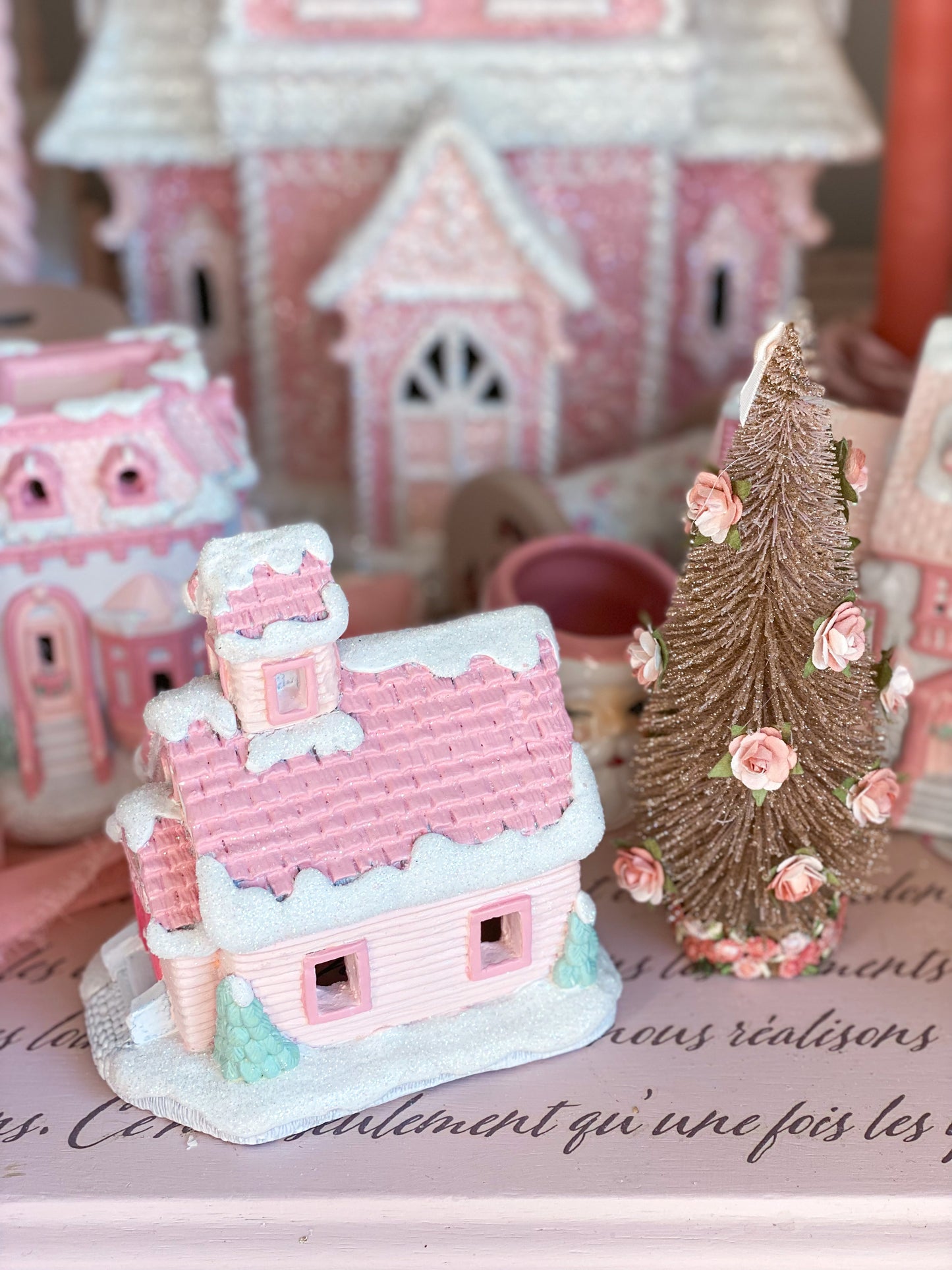 Bespoke Pastel Pink and White Petite Christmas Village Schoolhouse