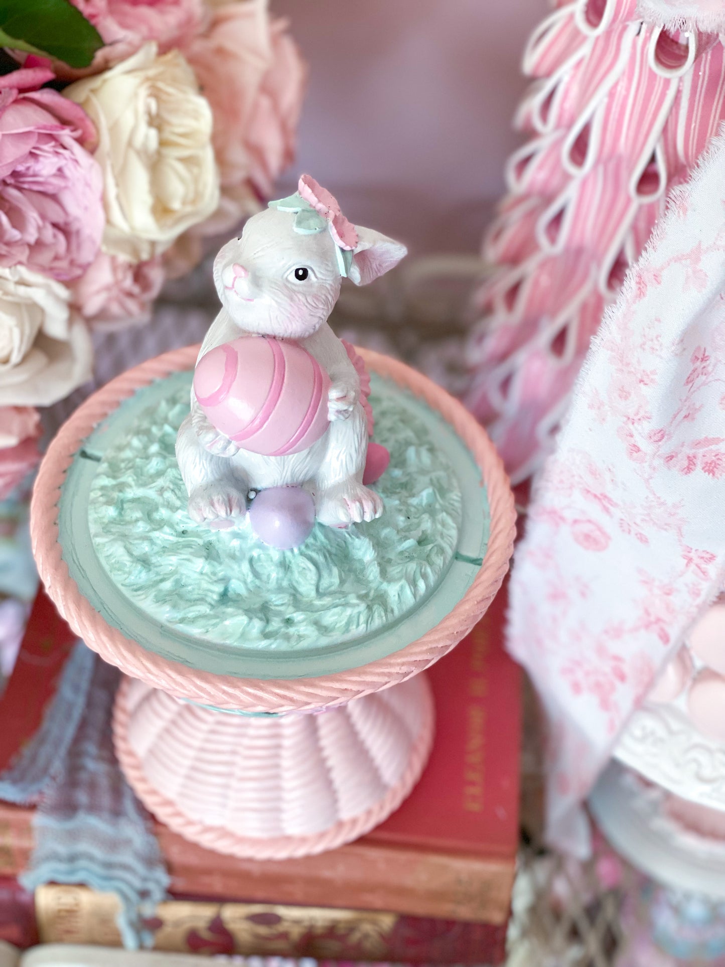 Bespoke Easter Bunny in Cloche on Pastel Pink Pedestal Base Hand Painted