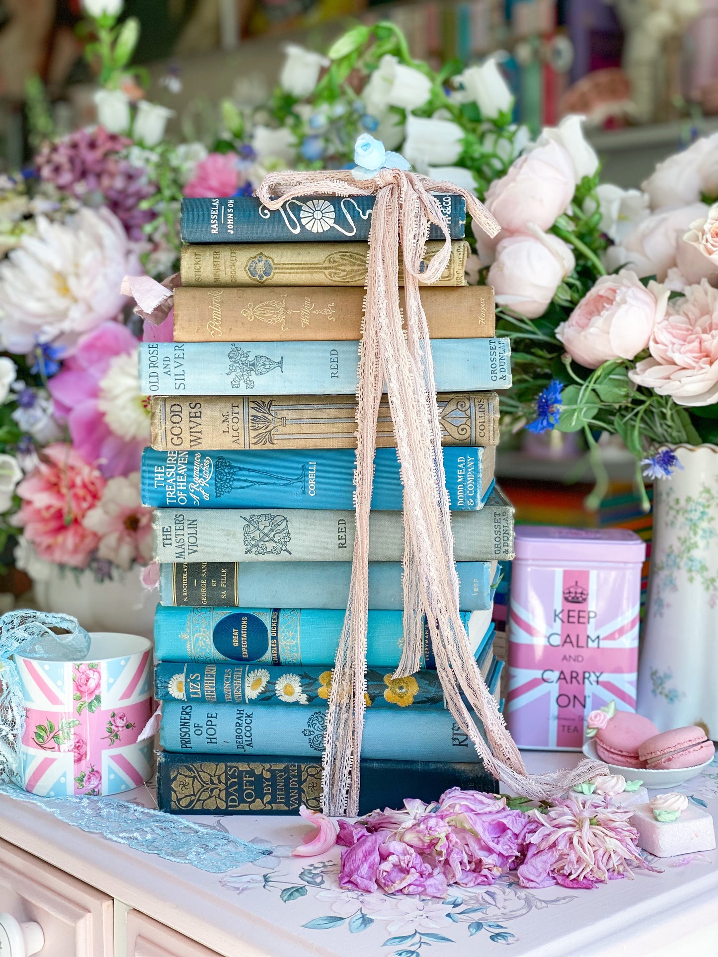 Blue Book Stack with Pink Union Jack Tea Tin Gallery Wrapped Canvas